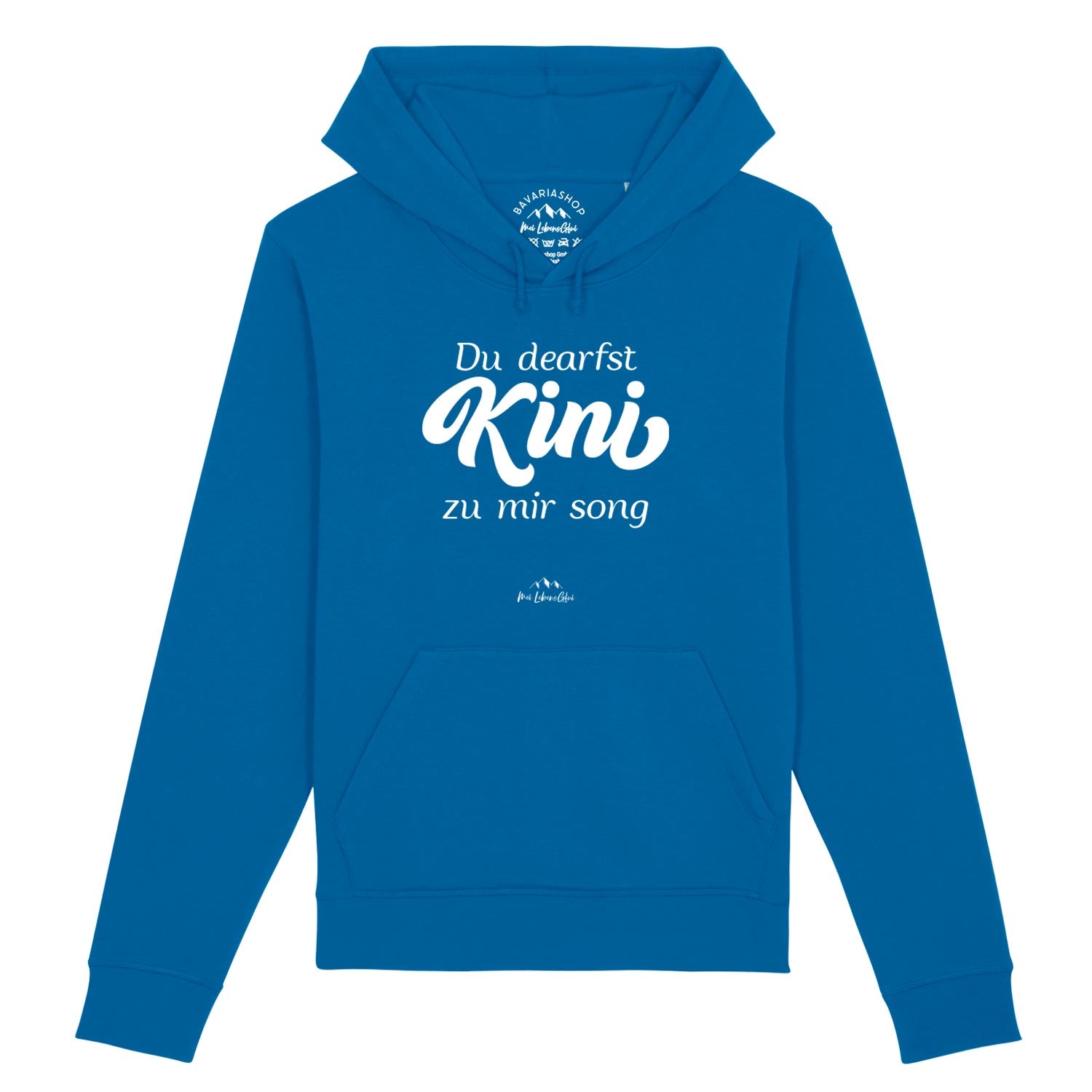 Herren Hoodie mit Frontdruck „Du deafst Kini zu mir sogn“, Kapuze, Kängurutasche, royalblau, Bio-Baumwollmix.