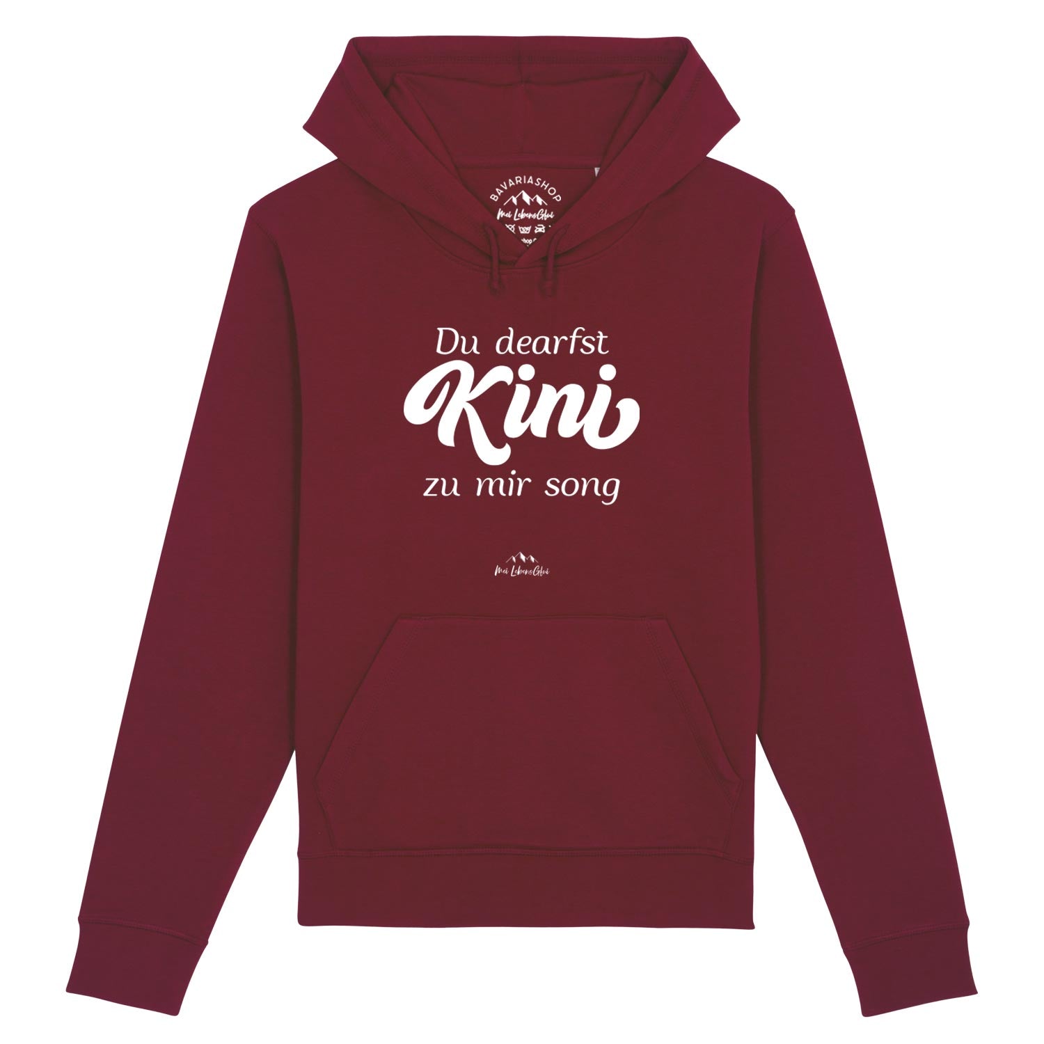 Herren Hoodie mit Frontdruck "Du deafst kini zu mir sogn", Kapuze mit Kordelzug, Kängurutasche, weinrot.