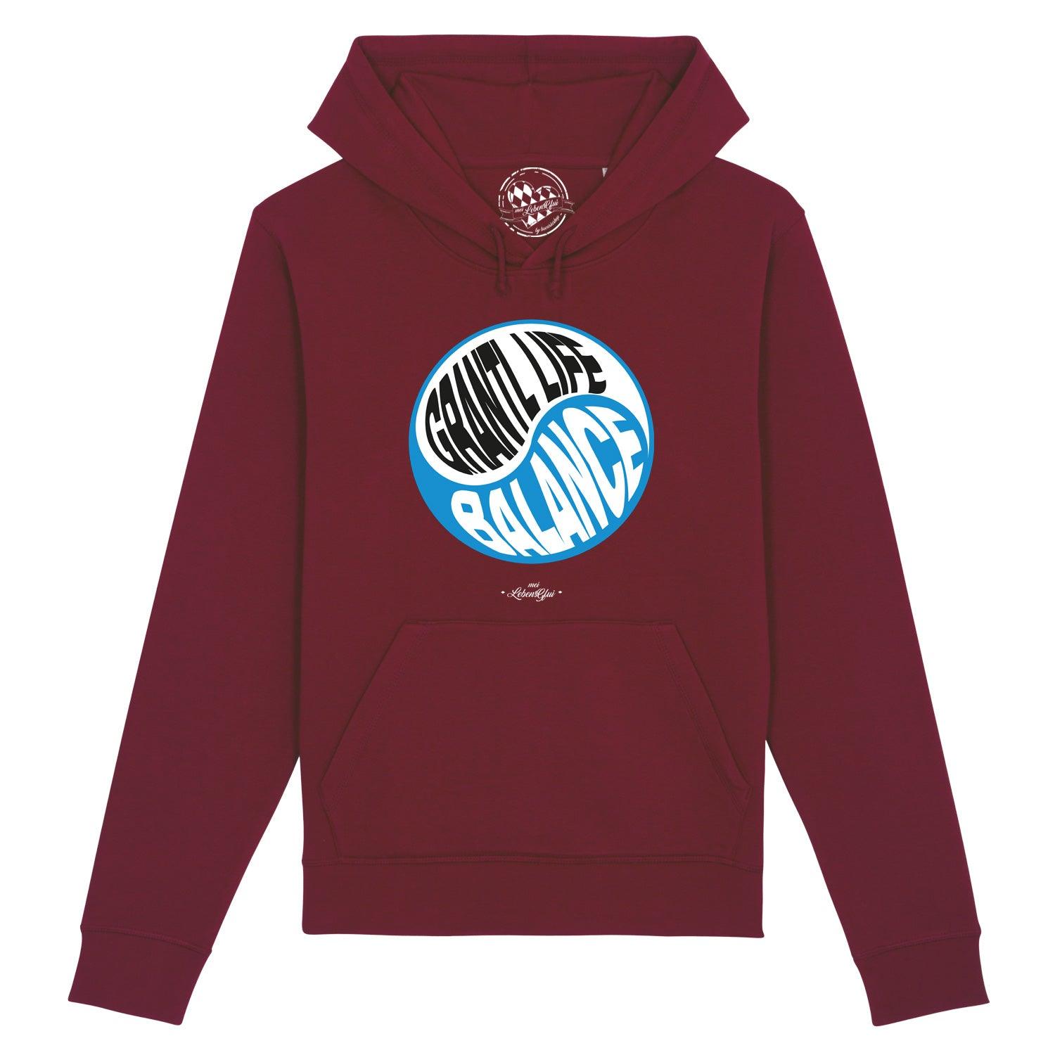 Dunkelgrauer Herren-Hoodie mit Kapuze, Frontprint „Grantl life balance“, Kängurutasche, aus Bio-Baumwolle und Recycling-Polyester.