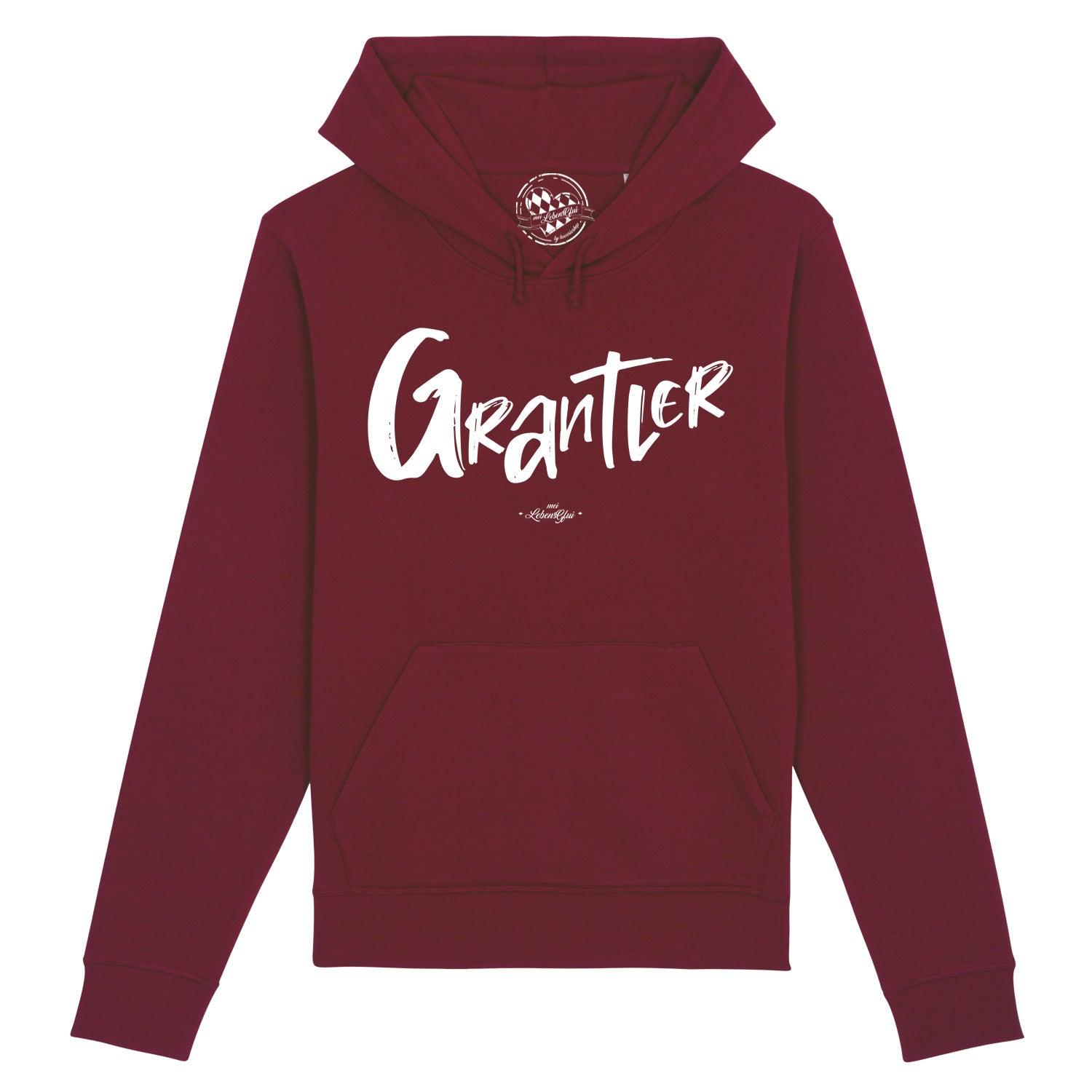 Dunkelgrauer Herren-Hoodie mit weißem „Grantler“-Schriftzug, Kapuze und Kängurutasche aus Bio-Baumwolle.