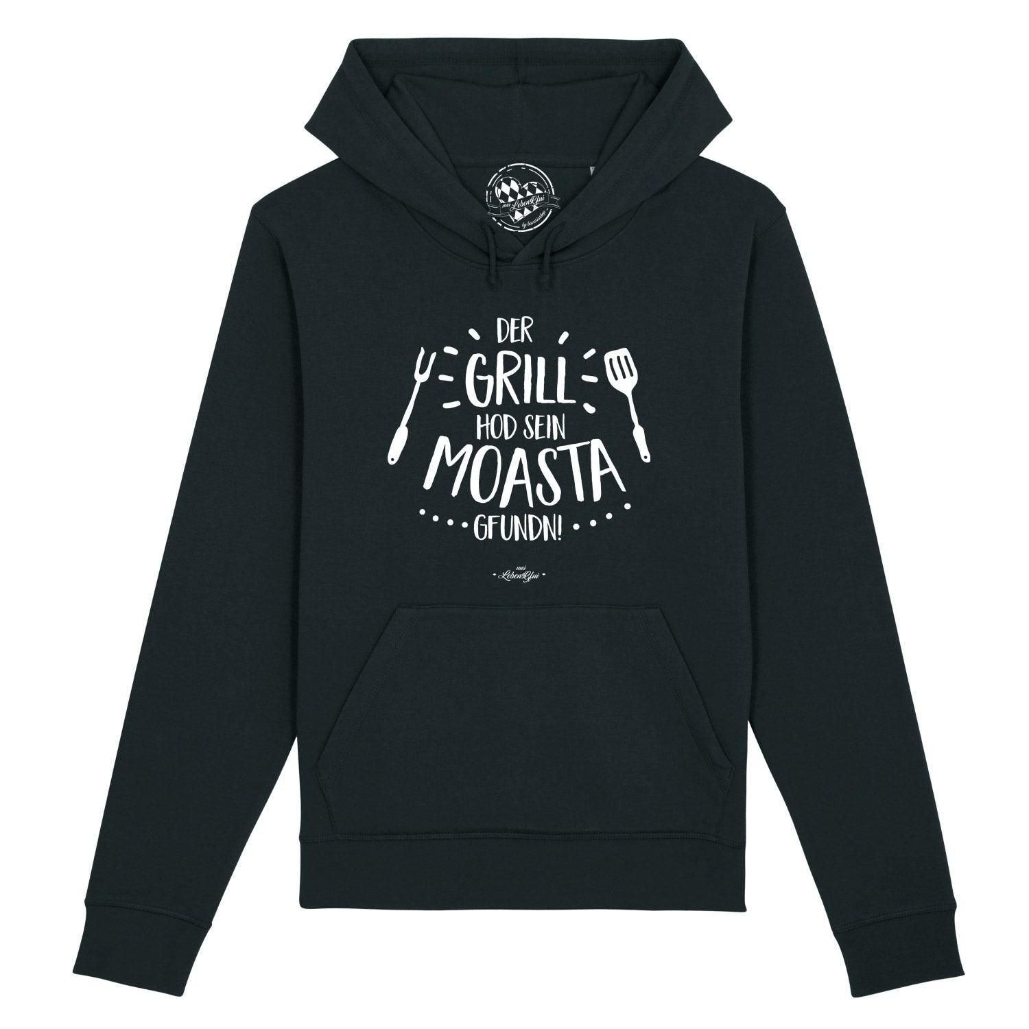 Dunkelgrauer Herren-Hoodie mit weißem "GrillMoasta"-Schriftzug, Kapuze, Kängurutasche, aus Bio-Baumwolle.