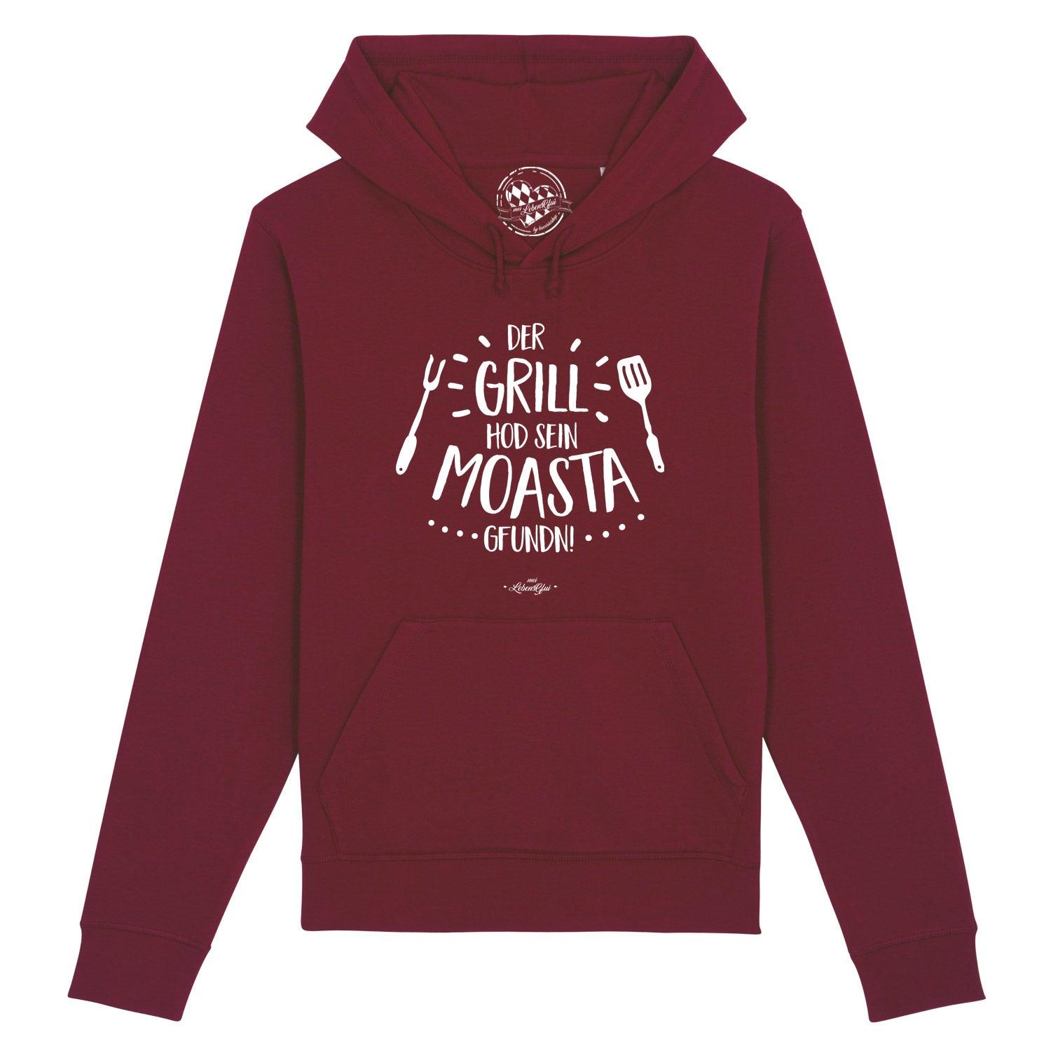 Dunkelgrauer Herren-Hoodie mit weißem „GrillMoasta“-Schriftzug vorn, Kapuze, Kängurutasche, Bio-Baumwollmix.