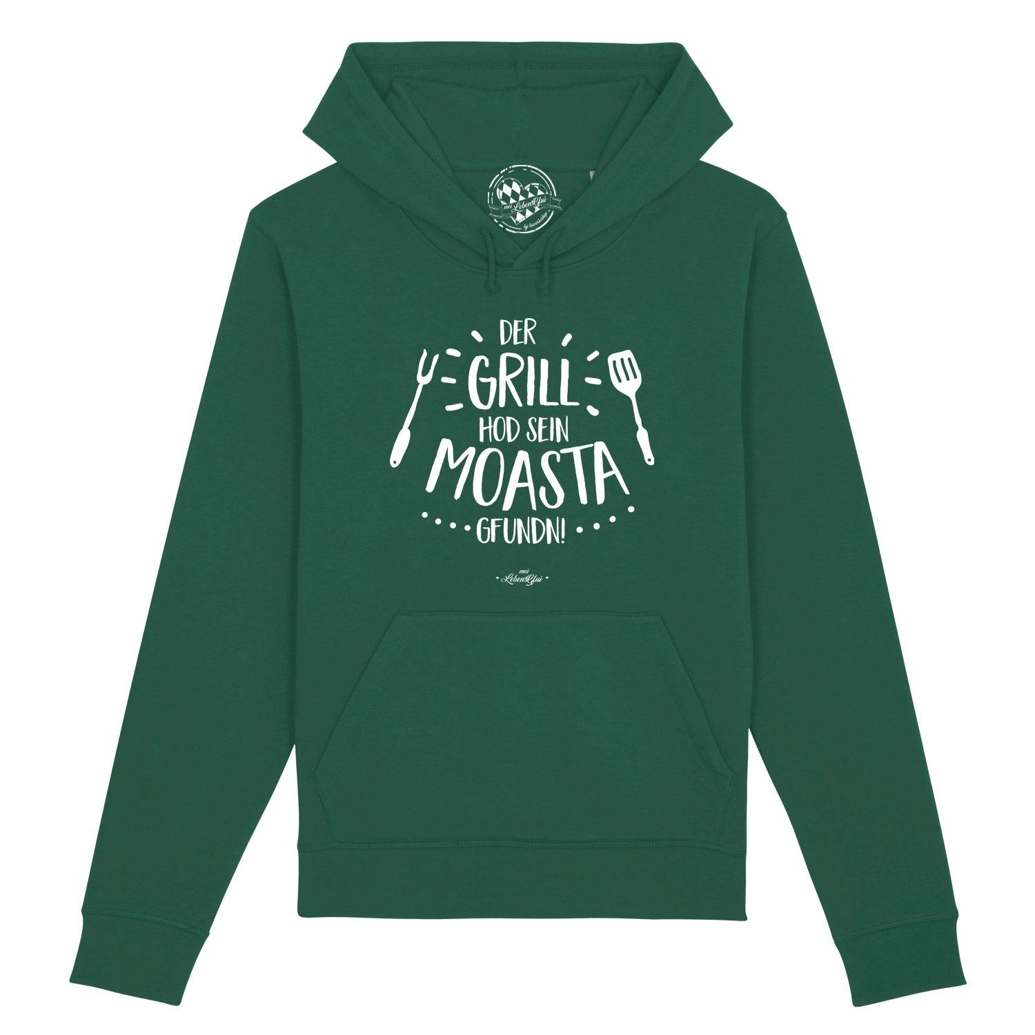 Dunkelgrauer Herren Hoodie mit weißem „GrillMoasta“-Schriftzug, Kapuze, Kängurutasche, Bio-Baumwollmischung.