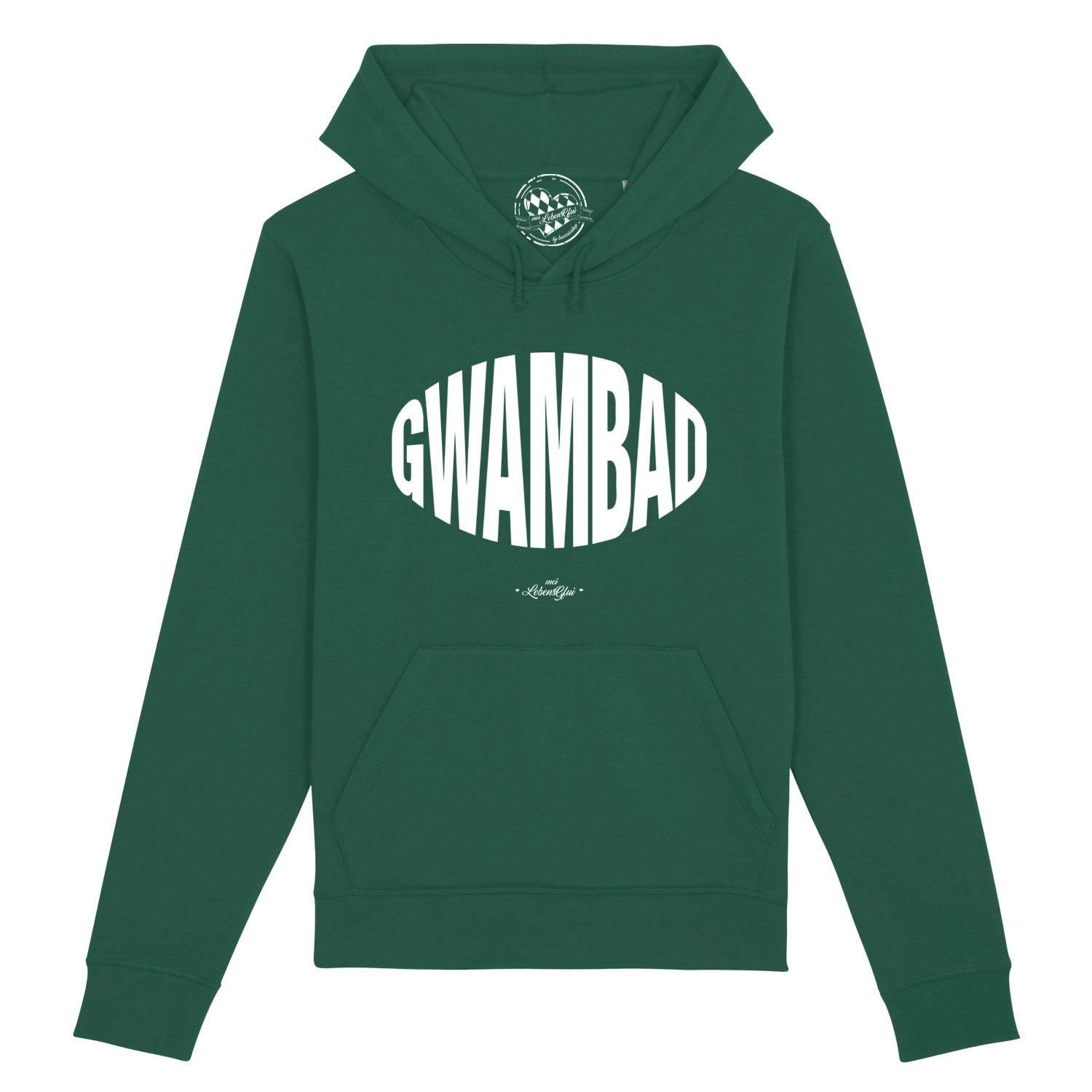 Dunkelgrüner Herren Hoodie mit weißem "Gwambad"-Schriftzug, Kapuze und Kängurutasche aus Bio-Baumwolle.