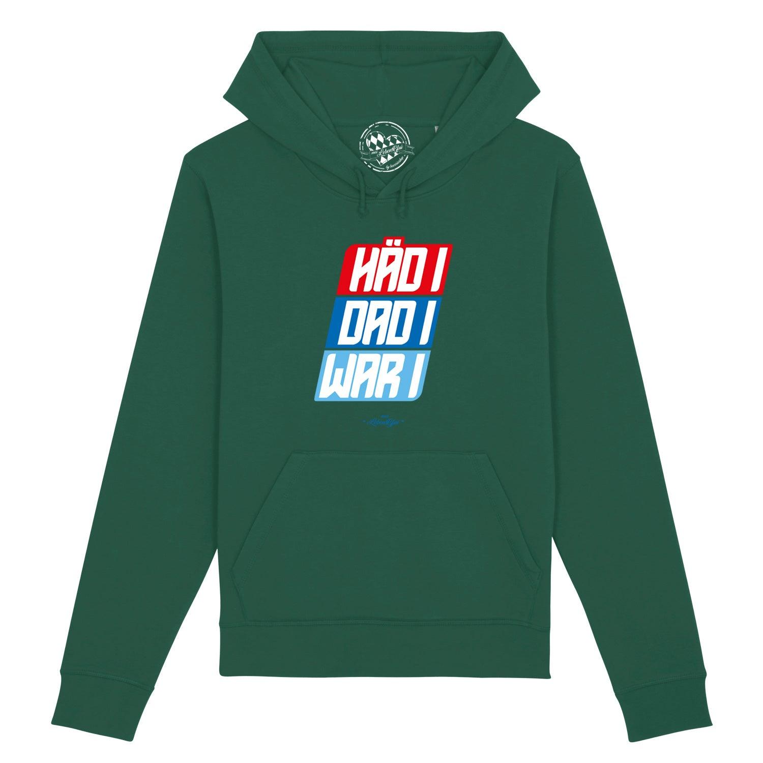 Dunkelblauer Herren-Hoodie mit weißem Mundart-Schriftzug „Häd i, dar i, war i“ aus Bio-Baumwolle/Polyester.