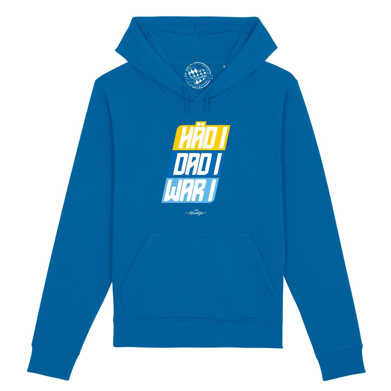 Dunkelblauer Herren-Hoodie mit weißem Frontprint „Häd i, dar i, war i“, Kapuze, Kängurutasche, Bio-Baumwolle.