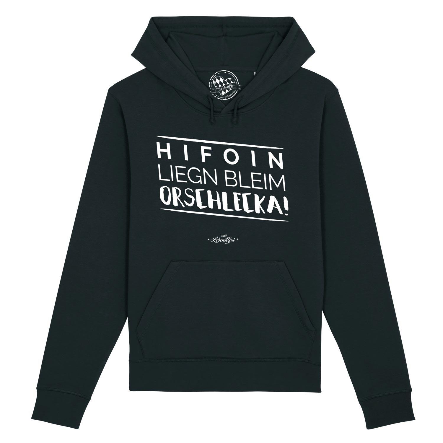 Herren Hoodie mit Kapuze und Frontschriftzug „Hifoin liegn bleim...“, aus Bio-Baumwolle und recyceltem Polyester.