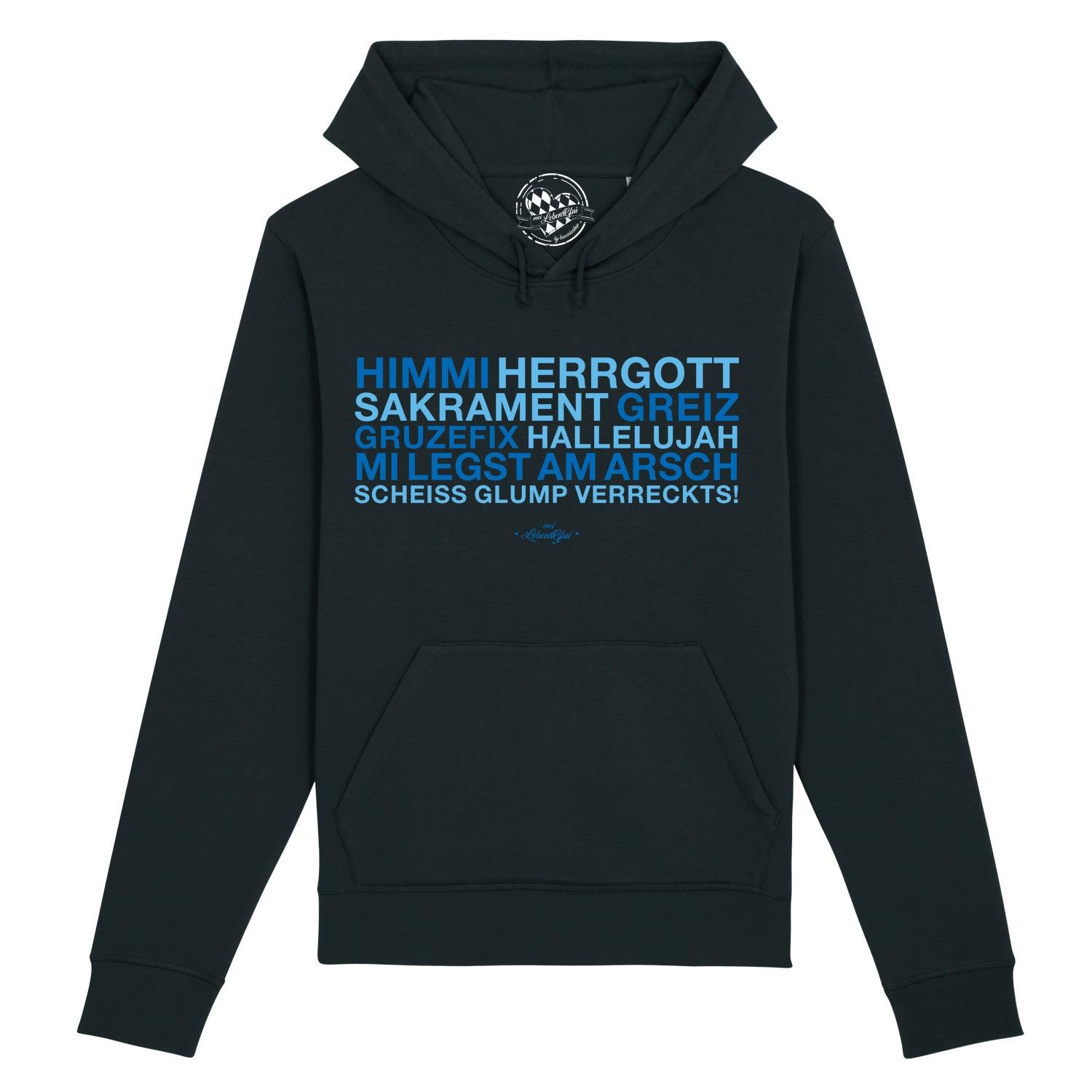 Dunkelgrauer Herren Hoodie mit weißem Frontdruck „Himmi Herrgott“, Kapuze, Kordelzug, Kängurutasche; Bio-Baumwolle.