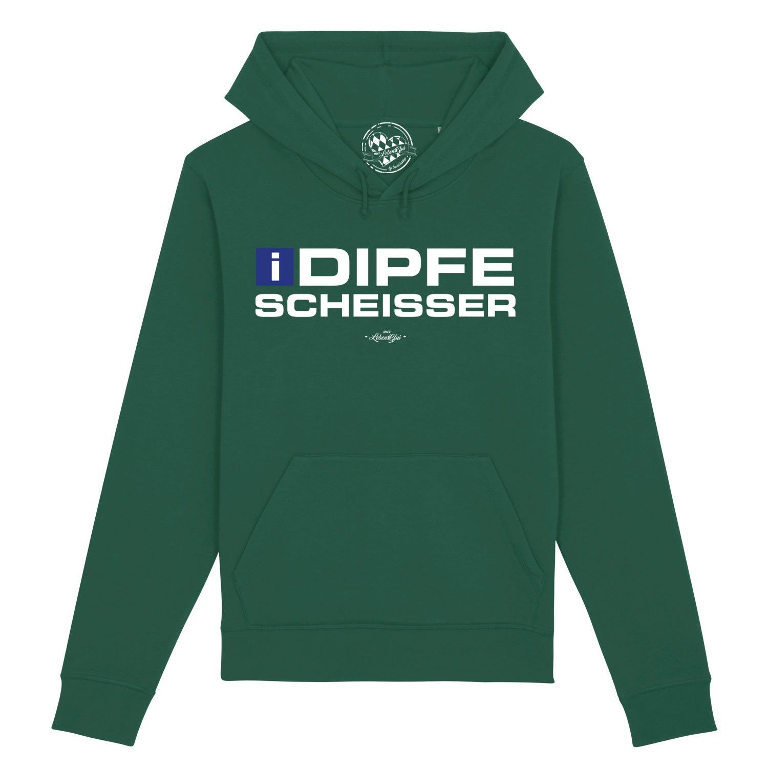 Dunkelblauer Herren Hoodie mit Brustprint „I-Dipfescheißer“ in Weiß, Kapuze, Kordelzug, aus Bio-Baumwolle.
