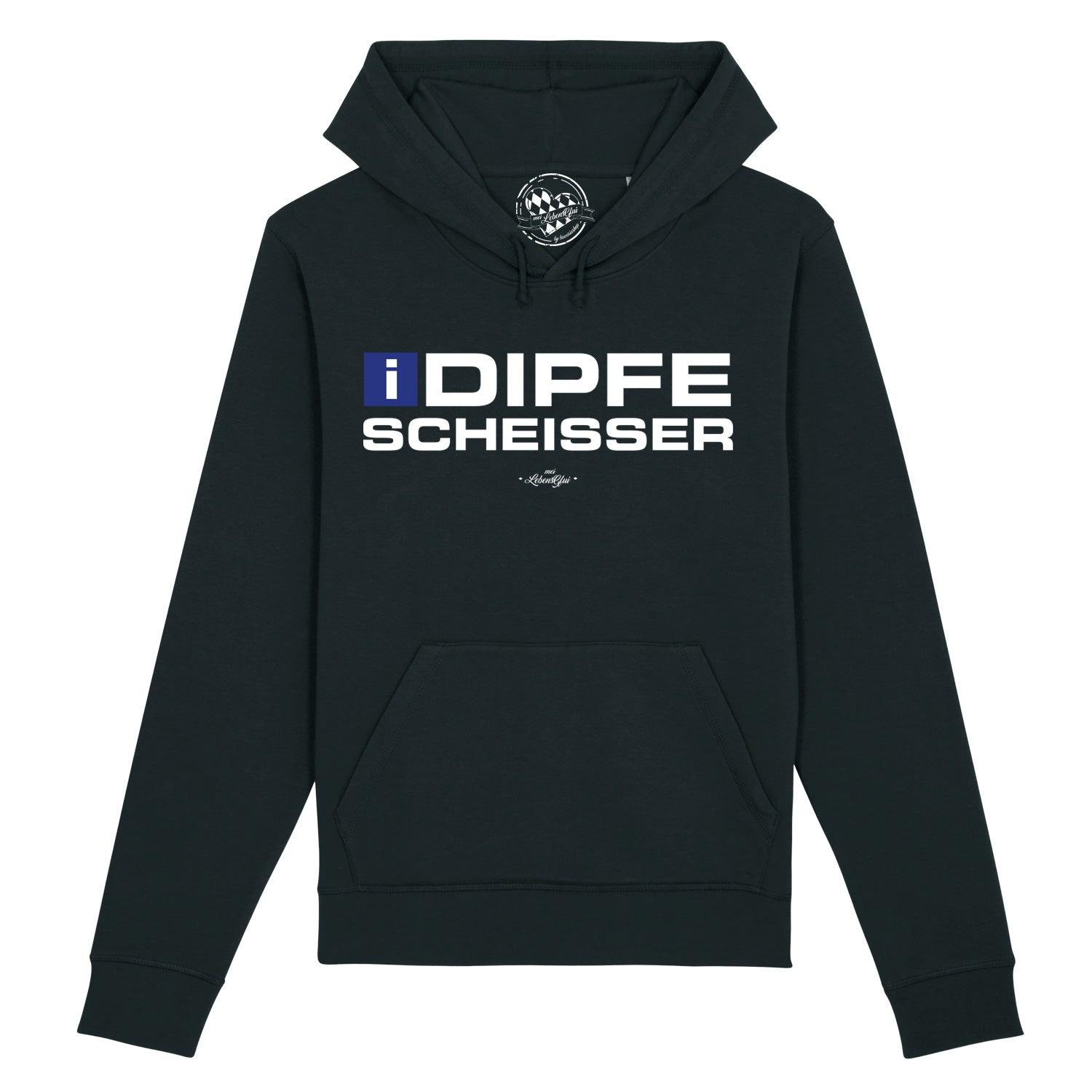 Grauer Herren Hoodie mit weißem Frontprint "I-Dipfescheißer", Kapuze mit Kordel, gerade Form, Bio-Baumwollmix.