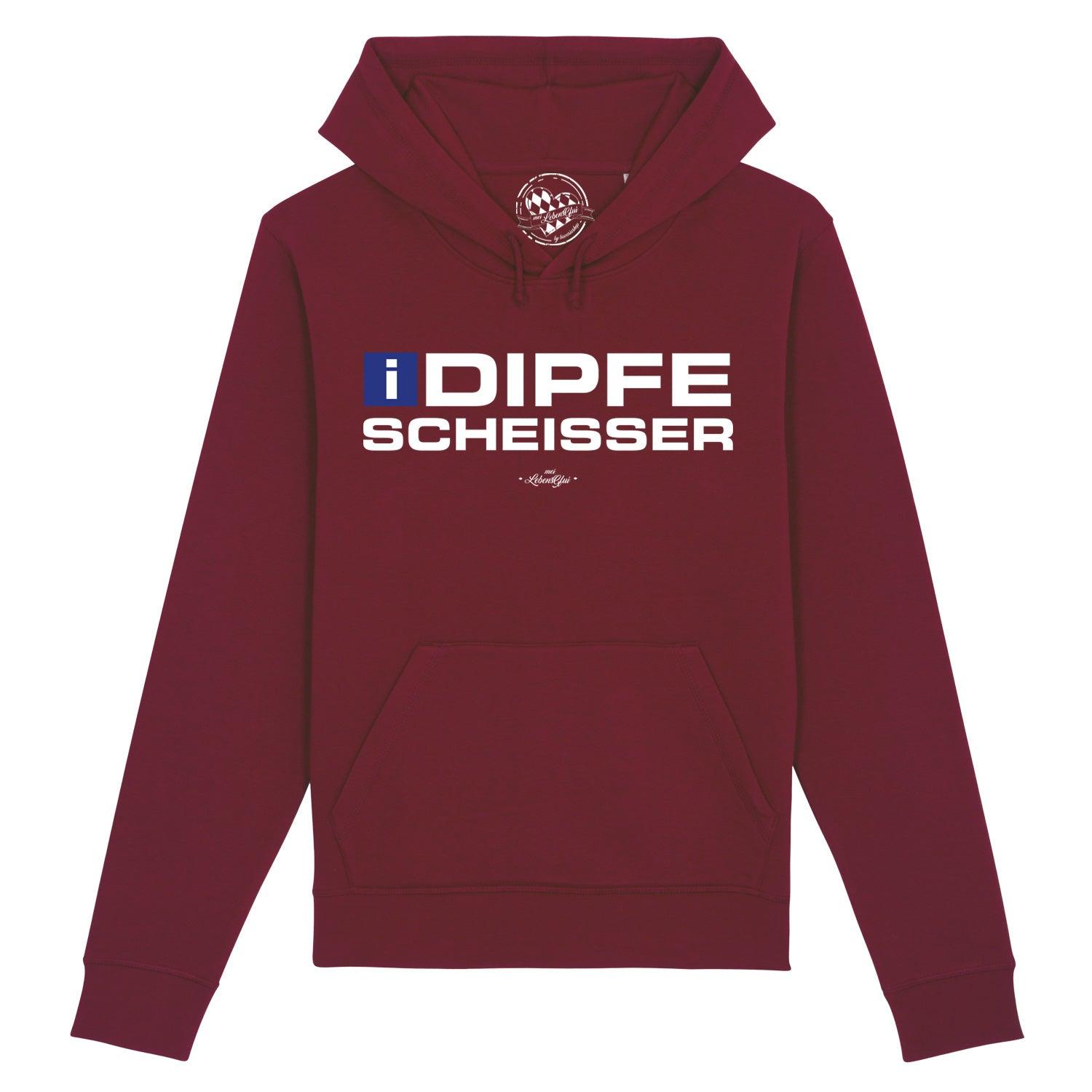 Grauer Herren-Hoodie mit Kapuze, Frontprint "I-Dipfescheißer" in Weiß, weiches Mischgewebe aus Bio-Baumwolle.
