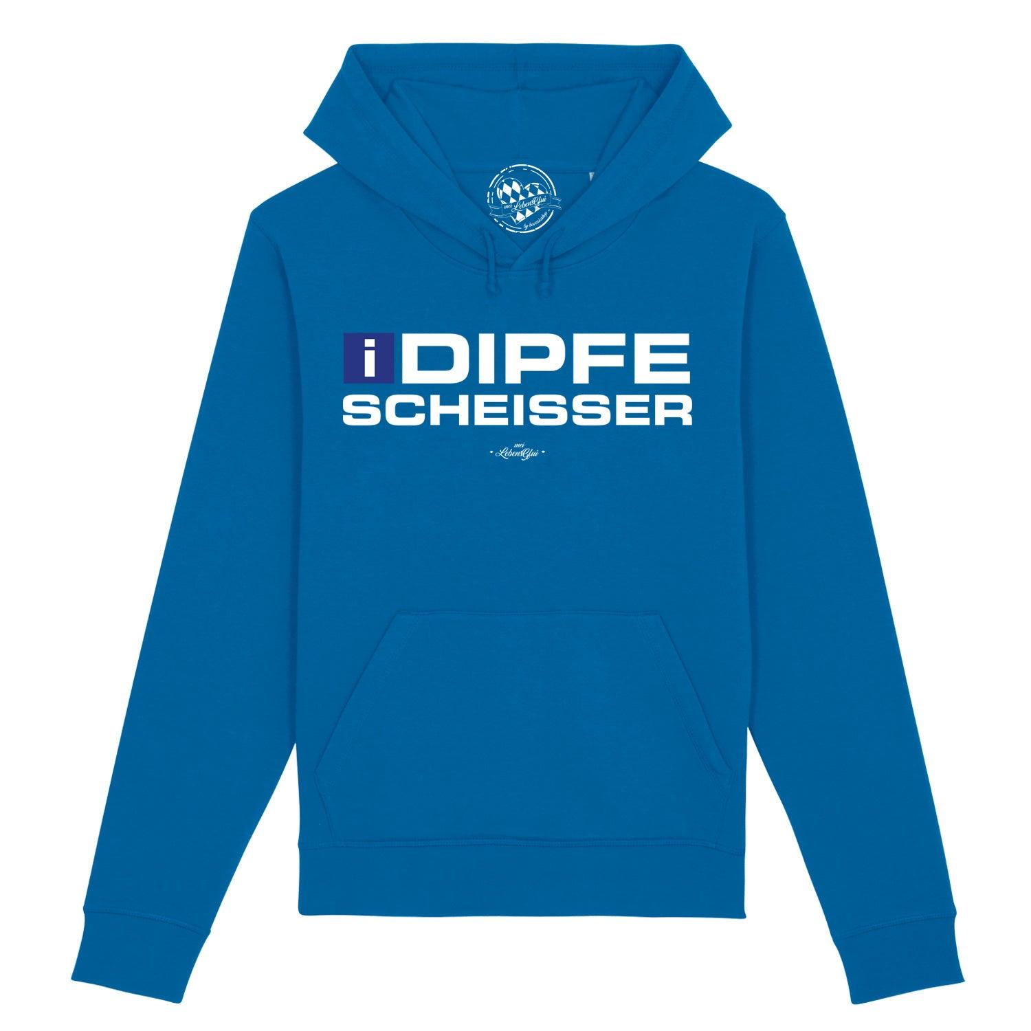 Dunkelblauer Herren-Hoodie mit weißem "I-Dipfescheißer"-Schriftzug, Kapuze, Kängurutasche, Bio-Baumwoll-Mix.