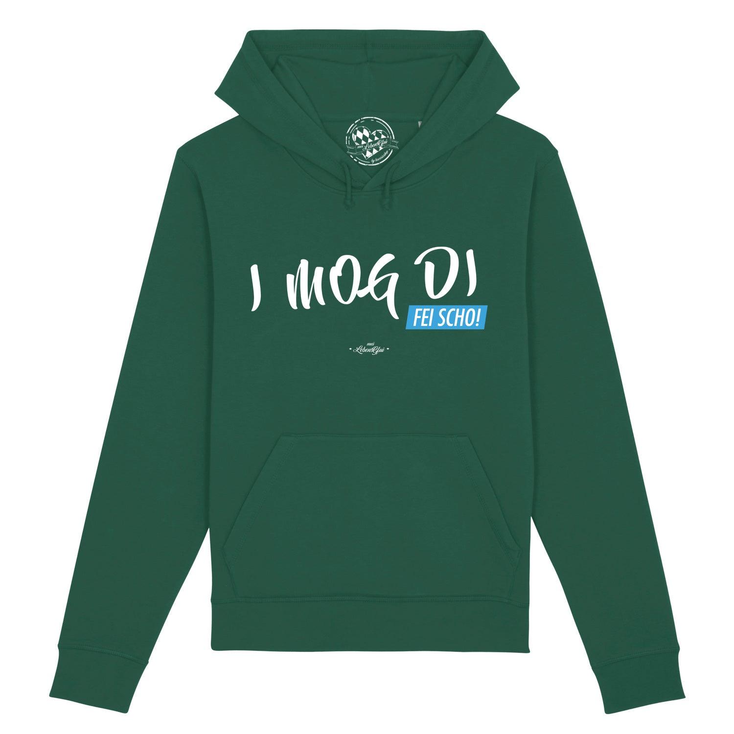 Dunkelblauer Herren-Hoodie mit weißem Schriftzug "I MOG DI, fei scho", Kapuze, Kängurutasche, Bio-Baumwollmix.