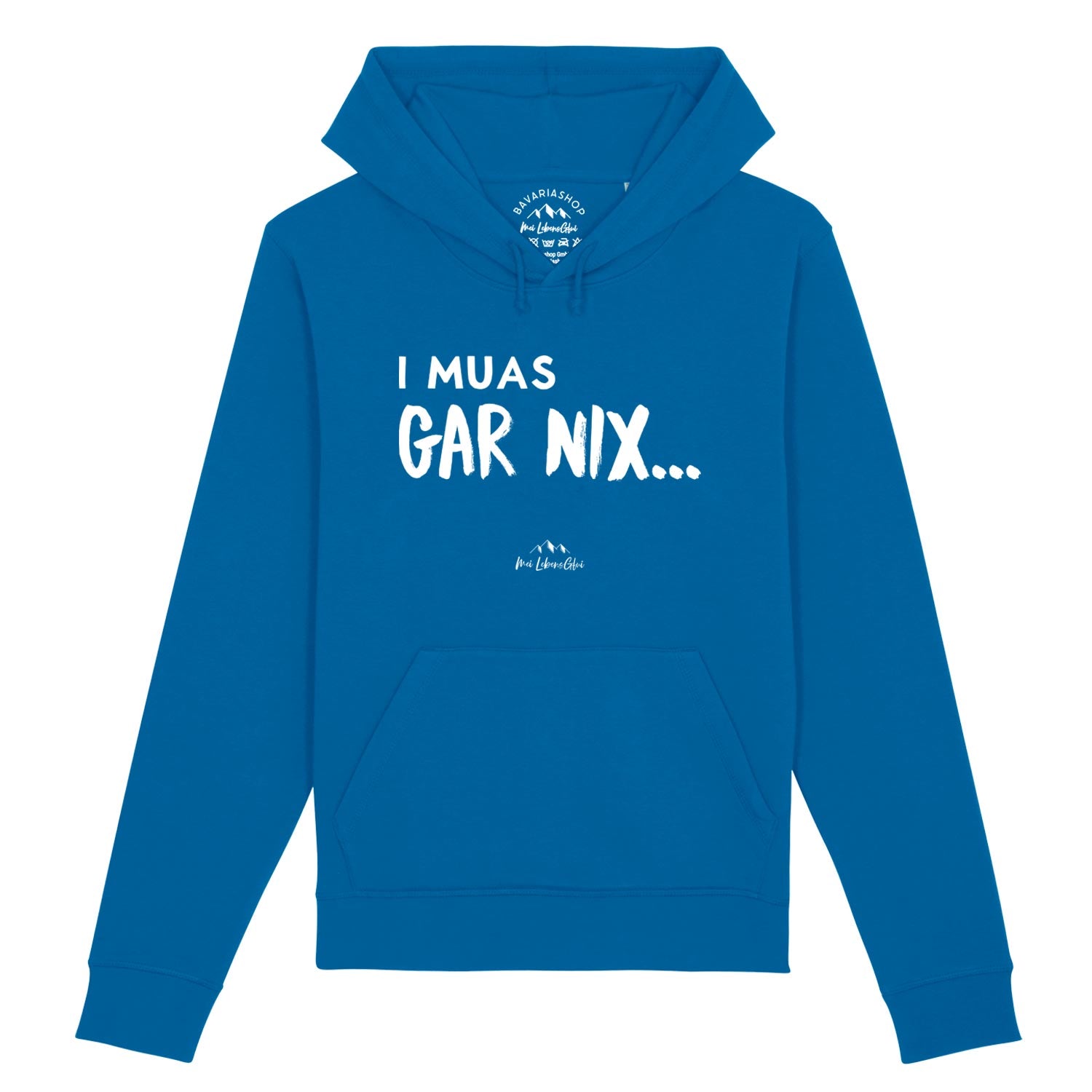 Herren Hoodie mit Frontprint „I muas gar nix…“, Kapuze und Kordeln, aus Baumwollmix in Royalblau.