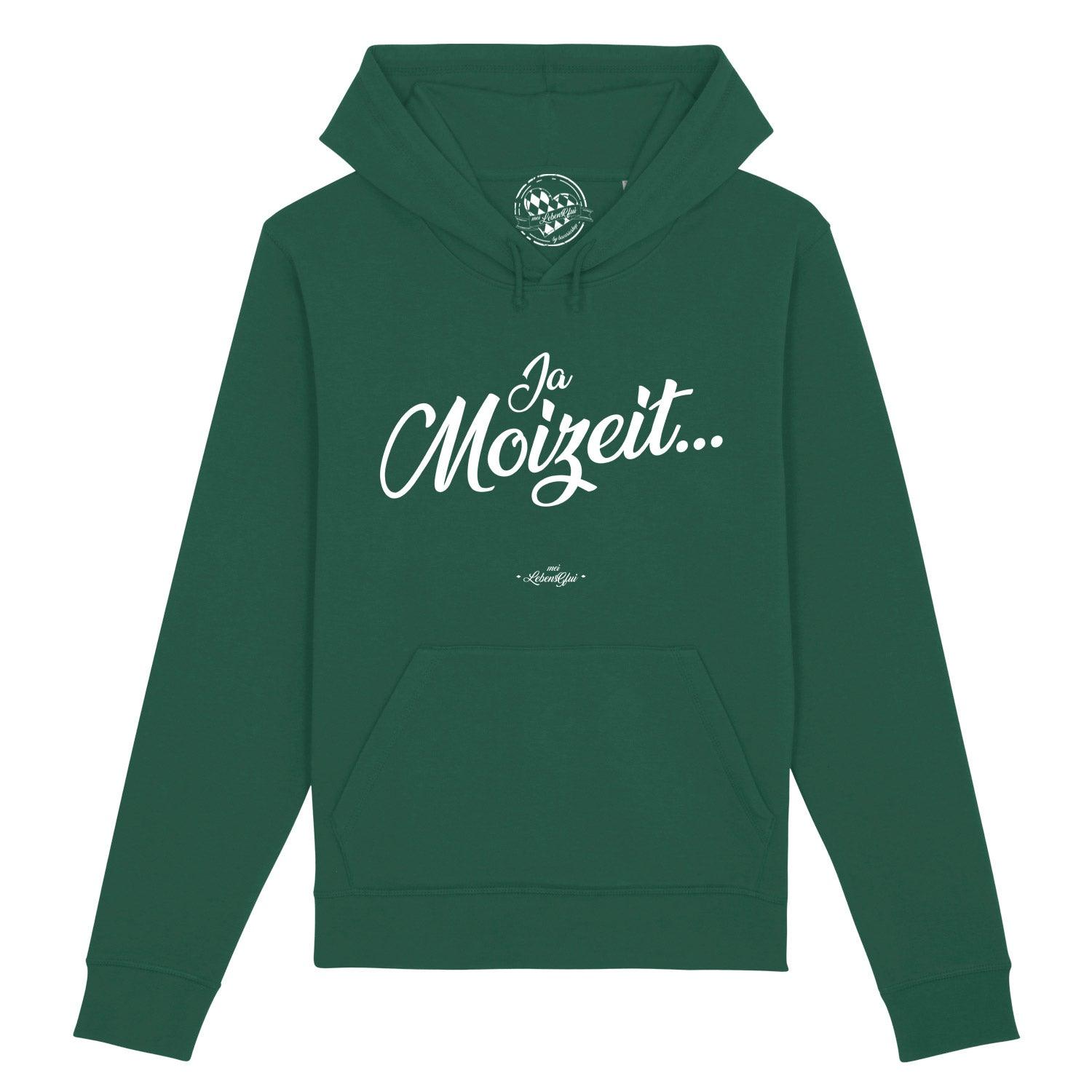 Dunkelblauer Herren-Hoodie mit weißem Frontprint „Ja Moizeit“, Kapuze, Kängurutasche, Bio-Baumwolle, Regular Fit.