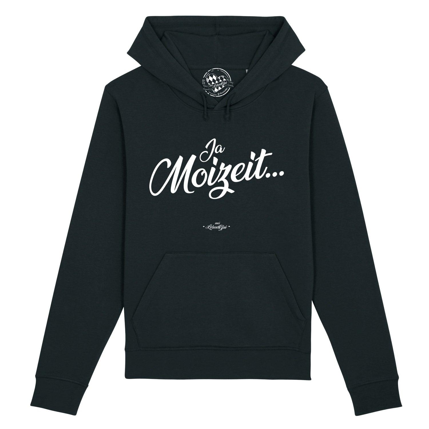Dunkelblauer Herren-Hoodie mit weißem „Ja Moizeit“-Schriftzug, Kapuze, Kängurutasche, Bio-Baumwollmix.