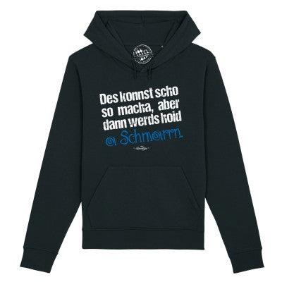 Dunkelblauer Herren-Hoodie mit Kapuze, Fronttasche und weißem Schriftzug „Konnst scho so macha“ auf der Brust; Bio-Baumwollmischung.