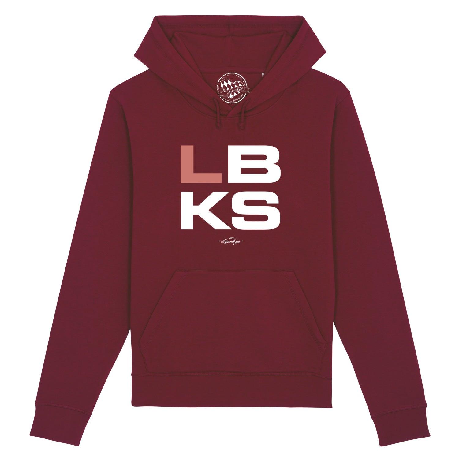 Dunkelblauer Herren-Hoodie mit weißem Frontprint „LBKS® mei LebensGfui“, Kapuze, Kängurutasche, Bio-Baumwolle.