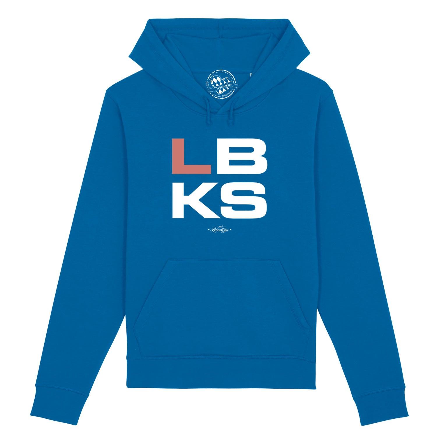 Dunkelblauer Herren-Hoodie mit weißem „LBKS“-Schriftzug, Kapuze, Kängurutasche, Bio-Baumwolle, recyceltes Polyester.
