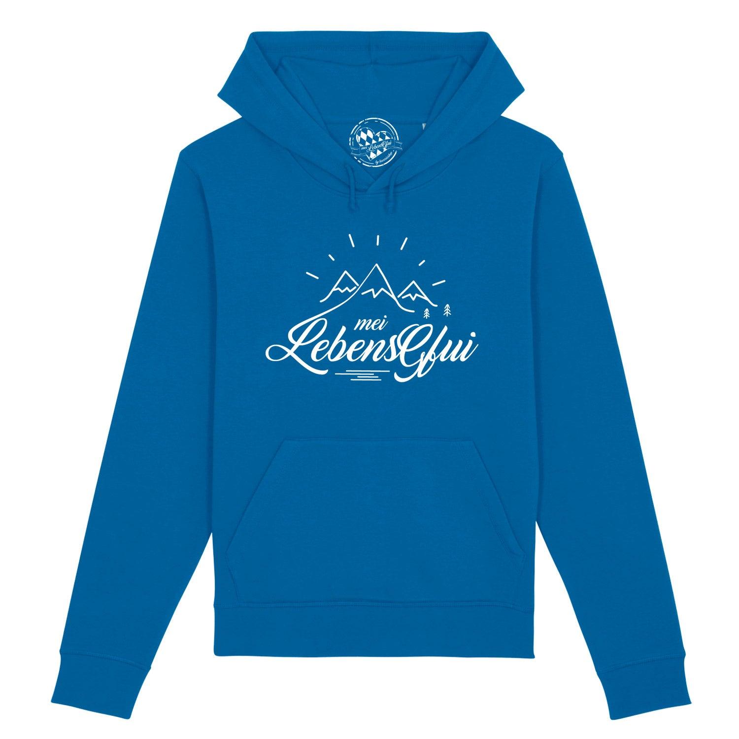 Herren Hoodie mit sichtbarem Brustschriftzug „Mei LebensGfui“, Kapuze mit Kordel, Kängurutasche, Bio-Baumwollmix.