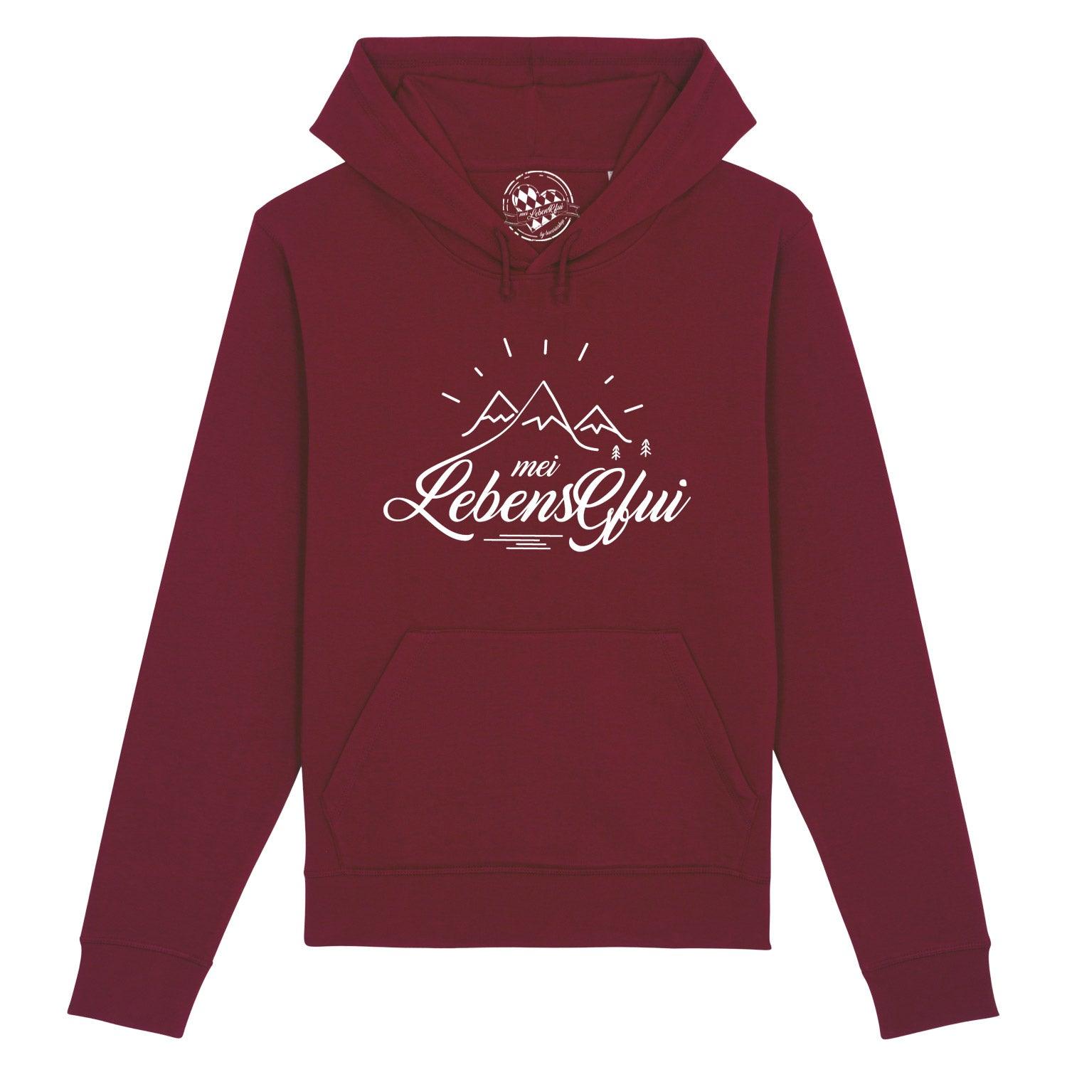 Herren Hoodie mit zentralem Schriftzug "Mei LebensGfui", Kapuze mit Kordelzug, Rippbündchen, aus Bio-Baumwolle.