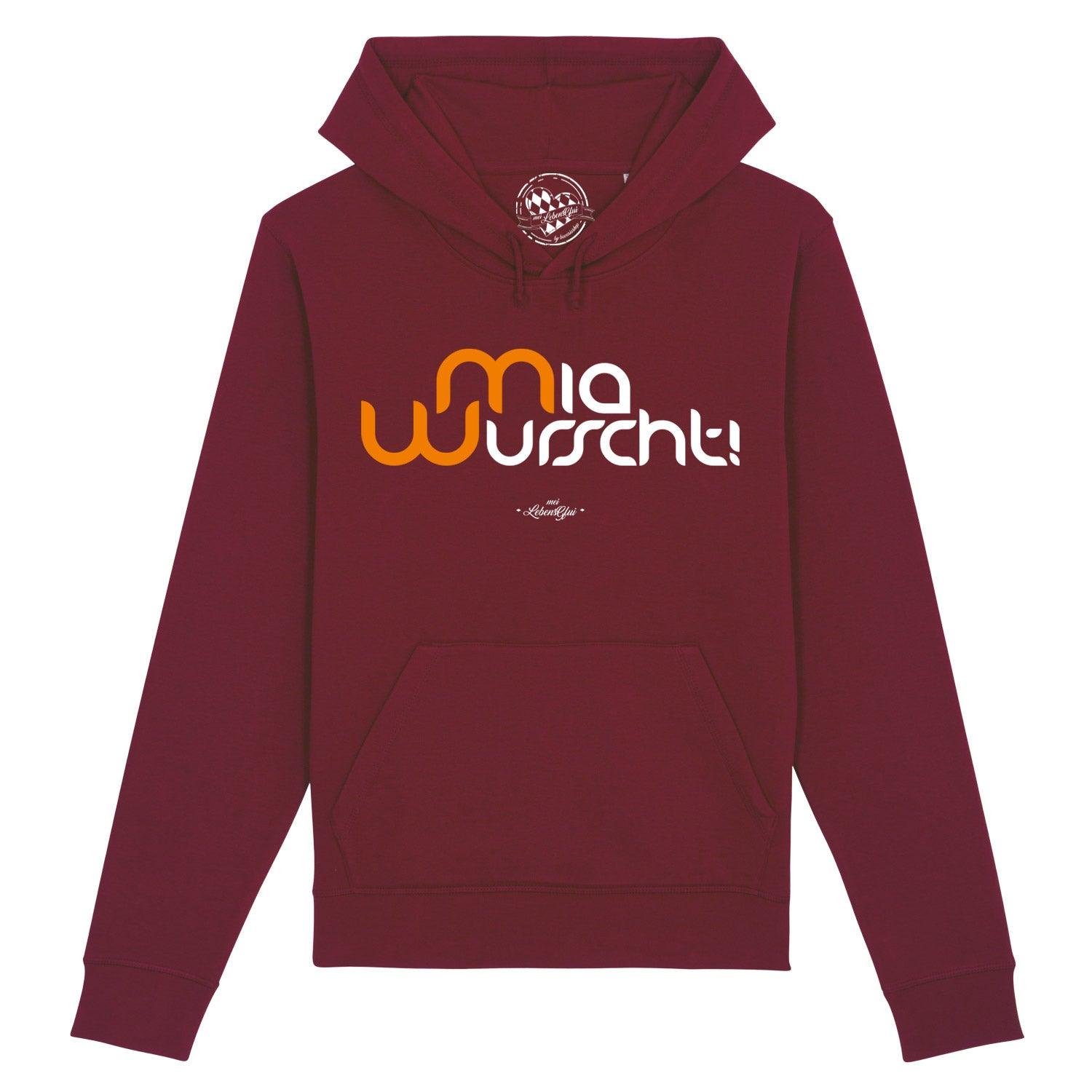 Schwarzer Herren-Hoodie mit weißem Schriftzug "Mia Wurscht" auf der Brust, Kapuze, Kängurutasche, Bio-Baumwollmix.