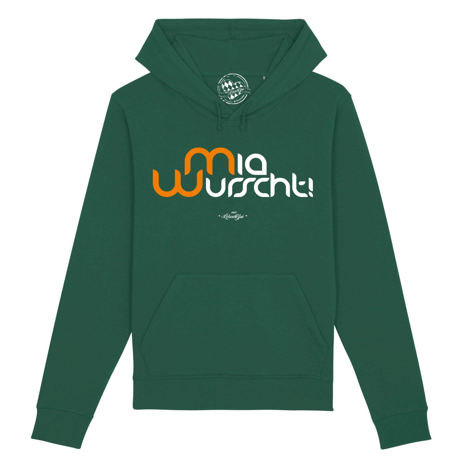 Grauer Herren-Hoodie mit Frontprint „Mia Wurscht“ in Weiß, Kapuze und Kängurutasche, Bio-Baumwollmix, 280 g/m².