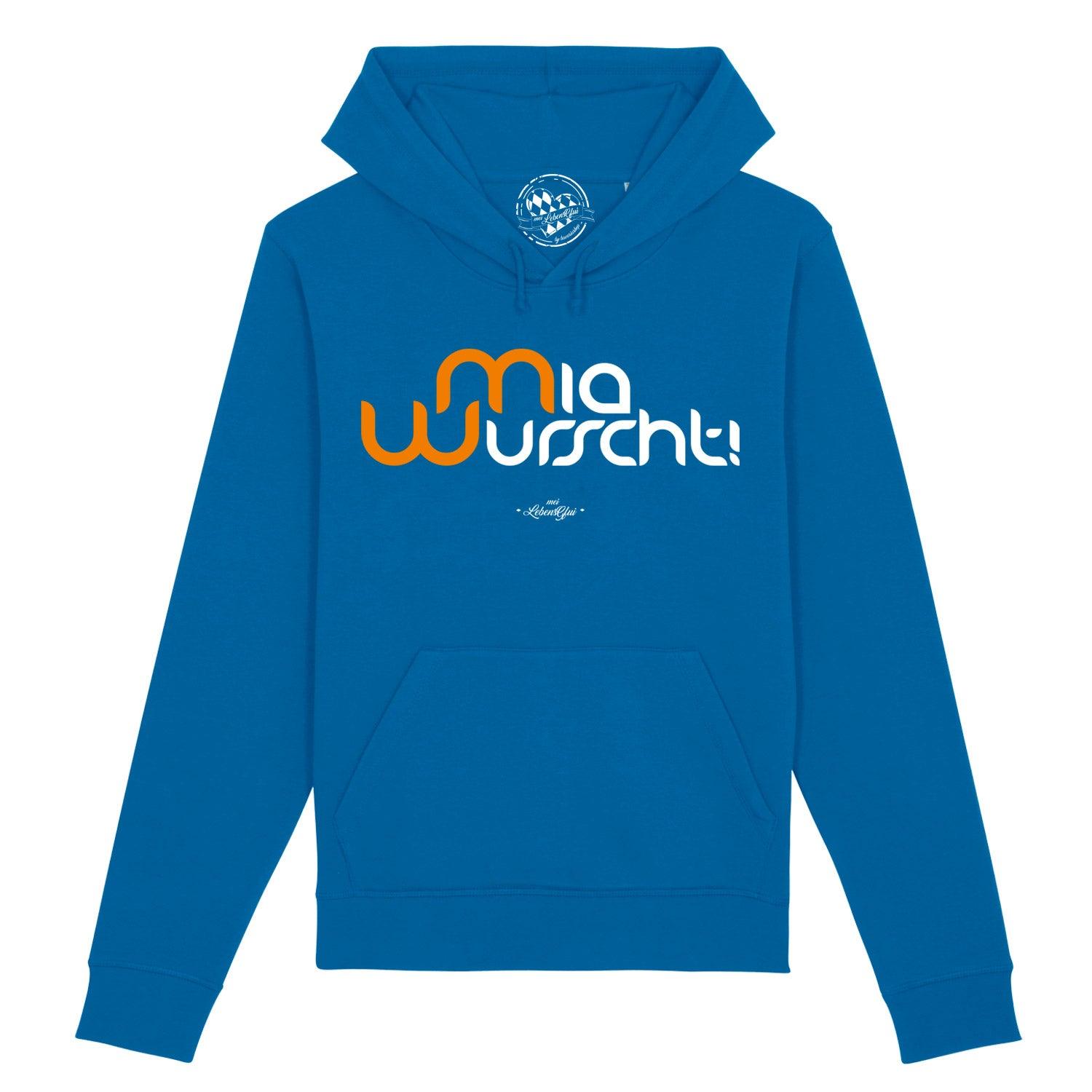 Dunkelgrauer Herren-Hoodie mit weißem „Mia Wurscht“-Schriftzug, Kapuze, Kängurutasche, Bio-Baumwolle, fair produziert.