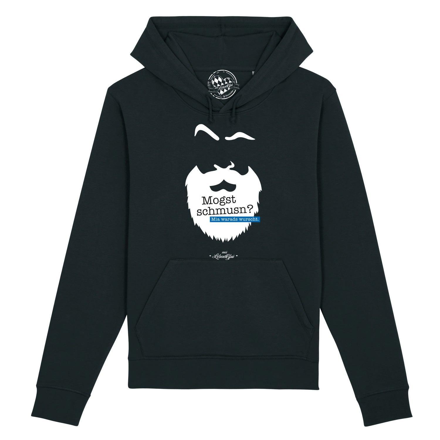Dunkelgrauer Herren-Hoodie mit Kapuze, Frontdruck „Mogst schmusn?“, Kordelzug, aus Bio-Baumwolle und recyceltem Polyester.