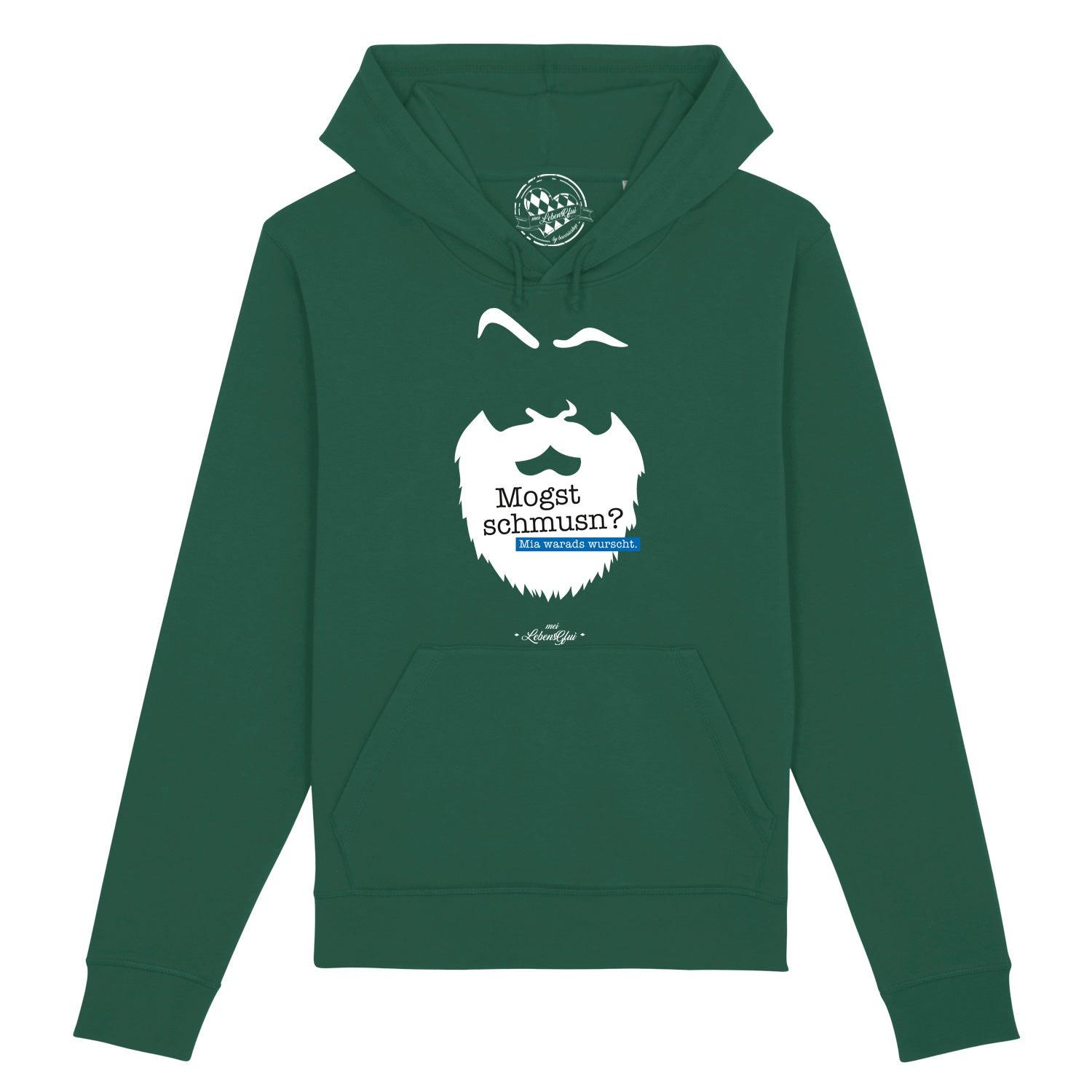 Dunkelblauer Herren-Hoodie mit weißem Aufdruck „Mogst schmusn?“, Kapuze, Kängurutasche, Bio-Baumwollmix.