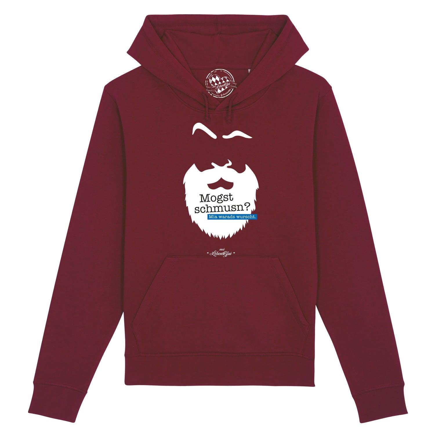 Dunkelgrauer Herren-Hoodie mit weißem Frontprint „Mogst schmusn?“, Kapuze, Kängurutasche, Bio-Baumwolle.