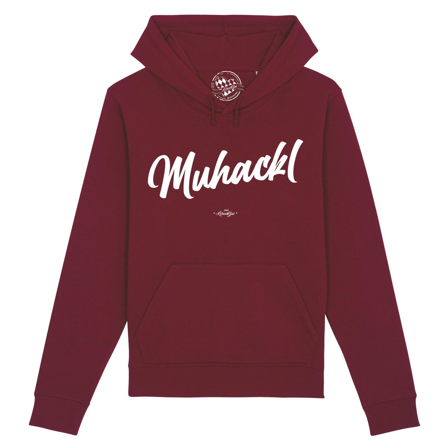 Dunkelblauer Herren-Hoodie mit weißem "Muhackl"-Schriftzug in Bayerisch, Kapuze, Kängurutasche; Bio-Baumwollmix.