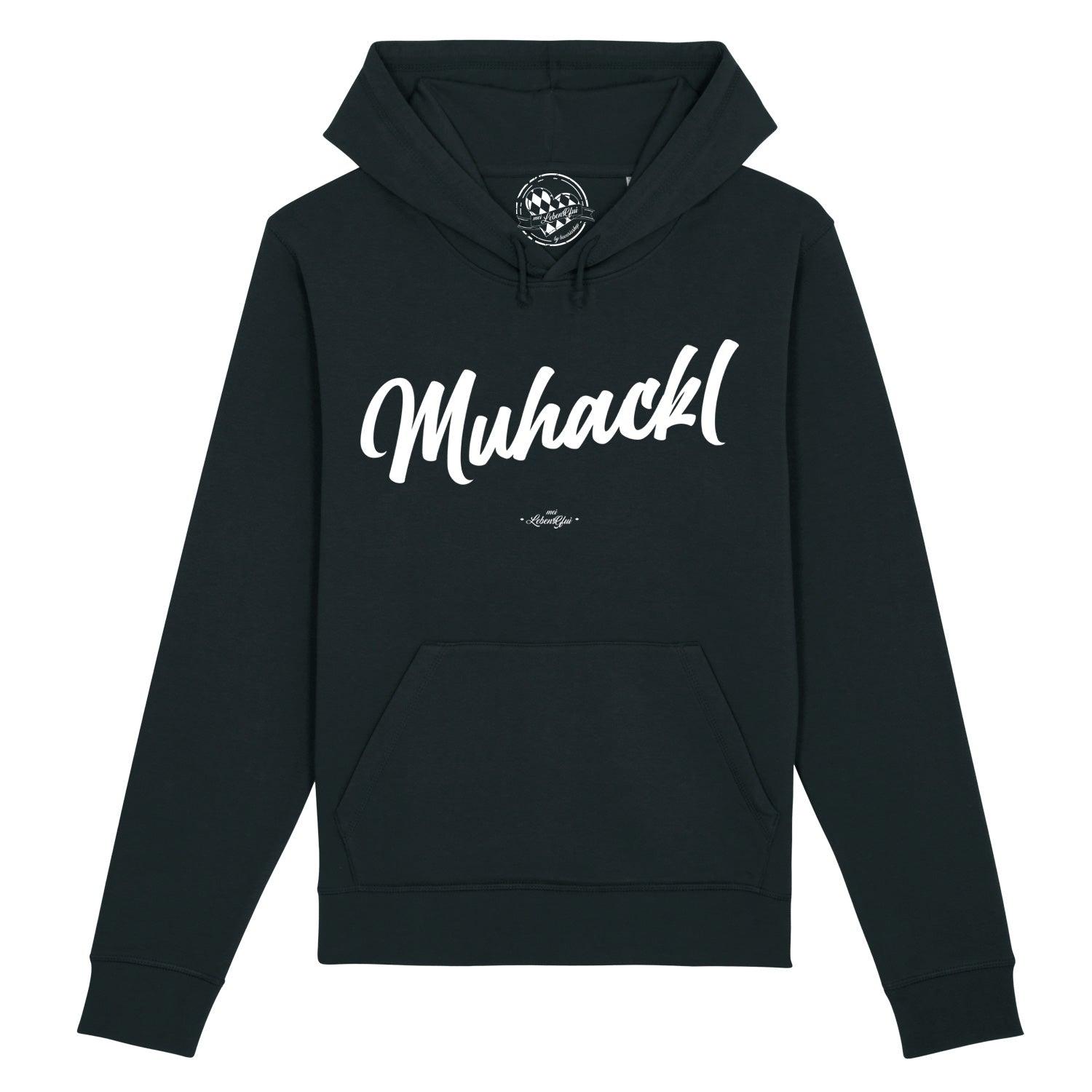 Dunkelblauer Herren-Hoodie mit weißem „Muhackl“-Schriftzug, Kapuze, Kängurutasche, aus Bio-Baumwolle.