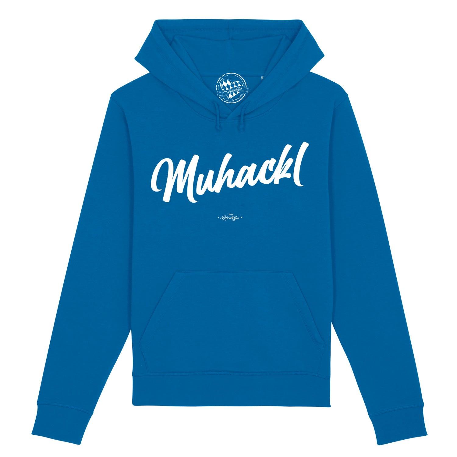 Dunkelblauer Herren-Hoodie mit weißem „Muhackl“-Schriftzug, Kapuze und Kängurutasche, aus Bio-Baumwolle.