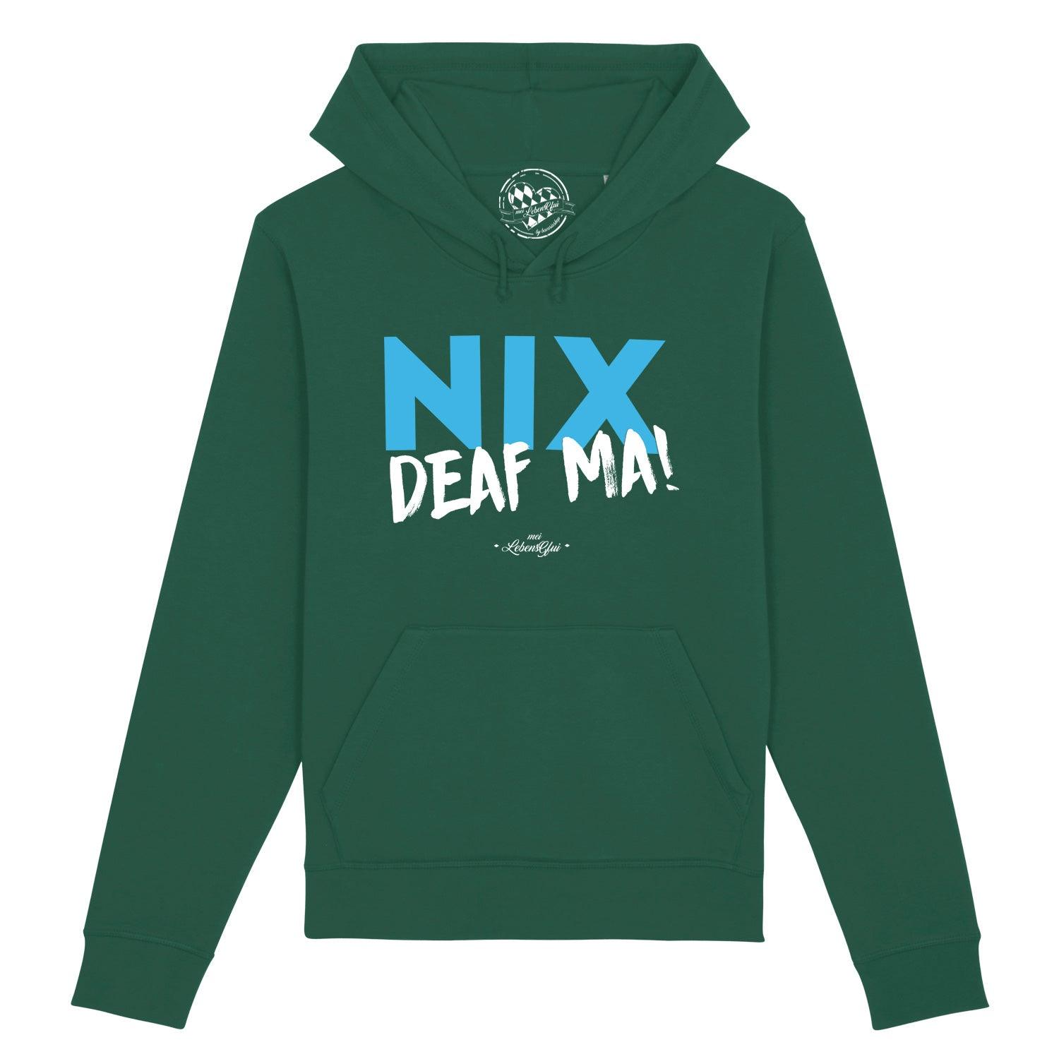 Grauer Herren-Hoodie mit Kapuze, Frontprint „Nix deaf ma", Kängurutasche, Bio-Baumwolle-Mix, lockerer Schnitt.