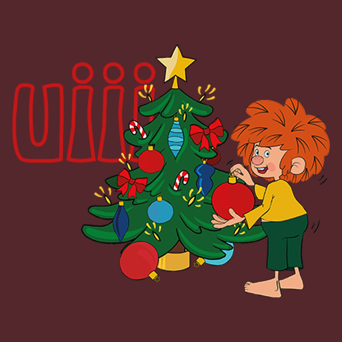 Motiv-Nahaufnahme: Pumuckl hängt eine rote Kugel an den Christbaum, daneben der rote Schriftzug „uiii“