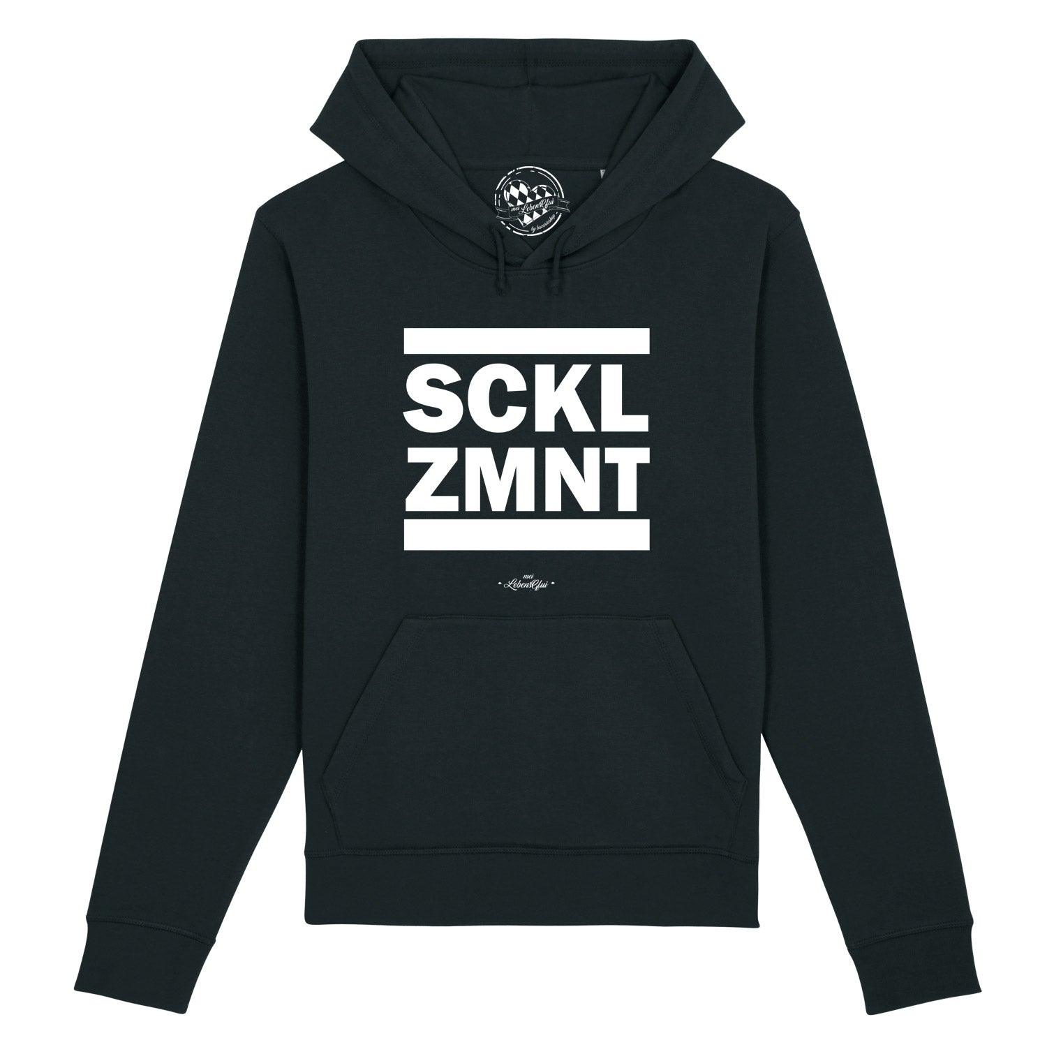 Dunkelgrauer Herren-Hoodie mit weißem „Sacklzement“-Schriftzug, Kapuze, Kängurutasche, Bio-Baumwollmischung.