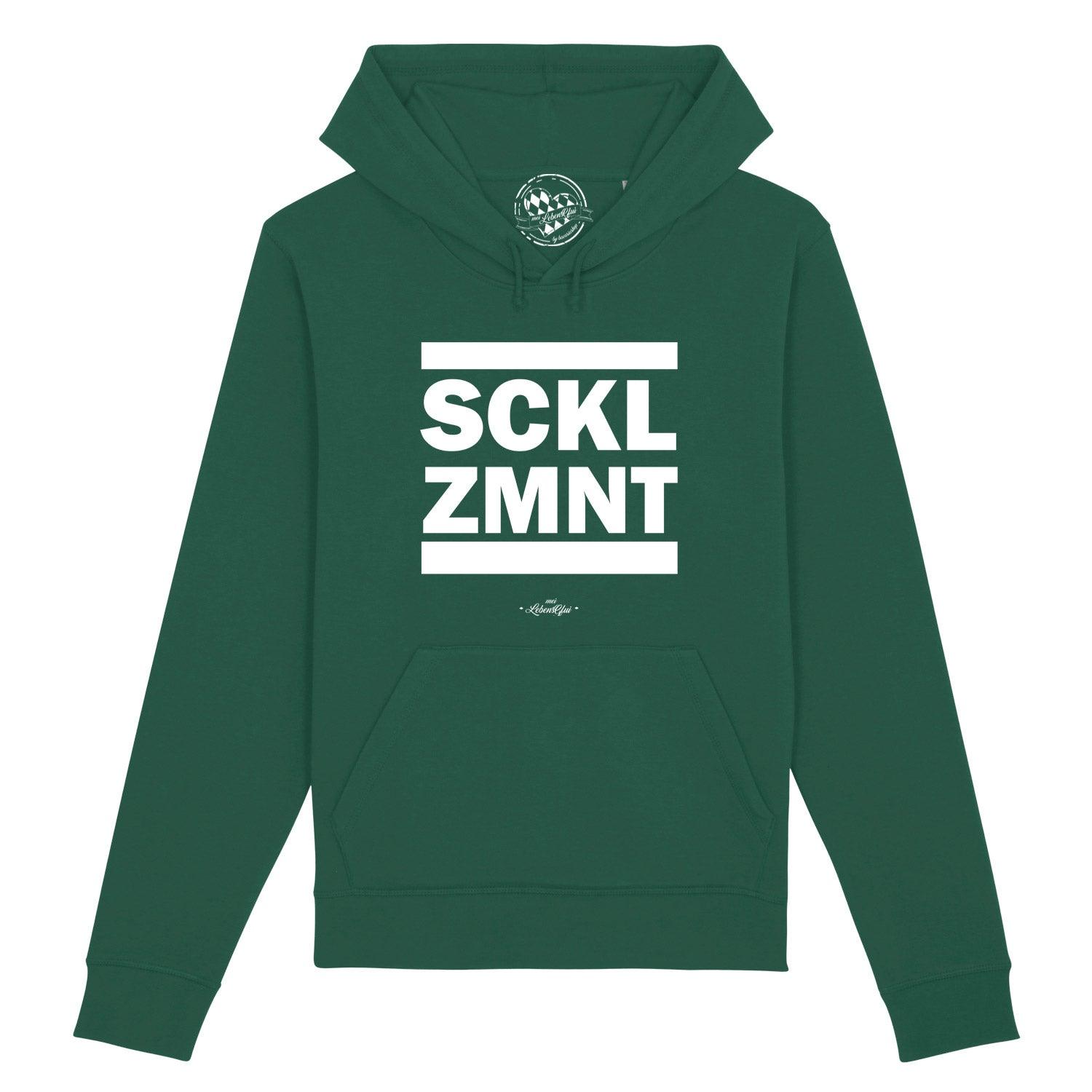 Dunkelgrauer Herren-Hoodie mit weißem „Sacklzement“-Schriftzug, Kapuze, Kängurutasche und Bio-Baumwollmix.