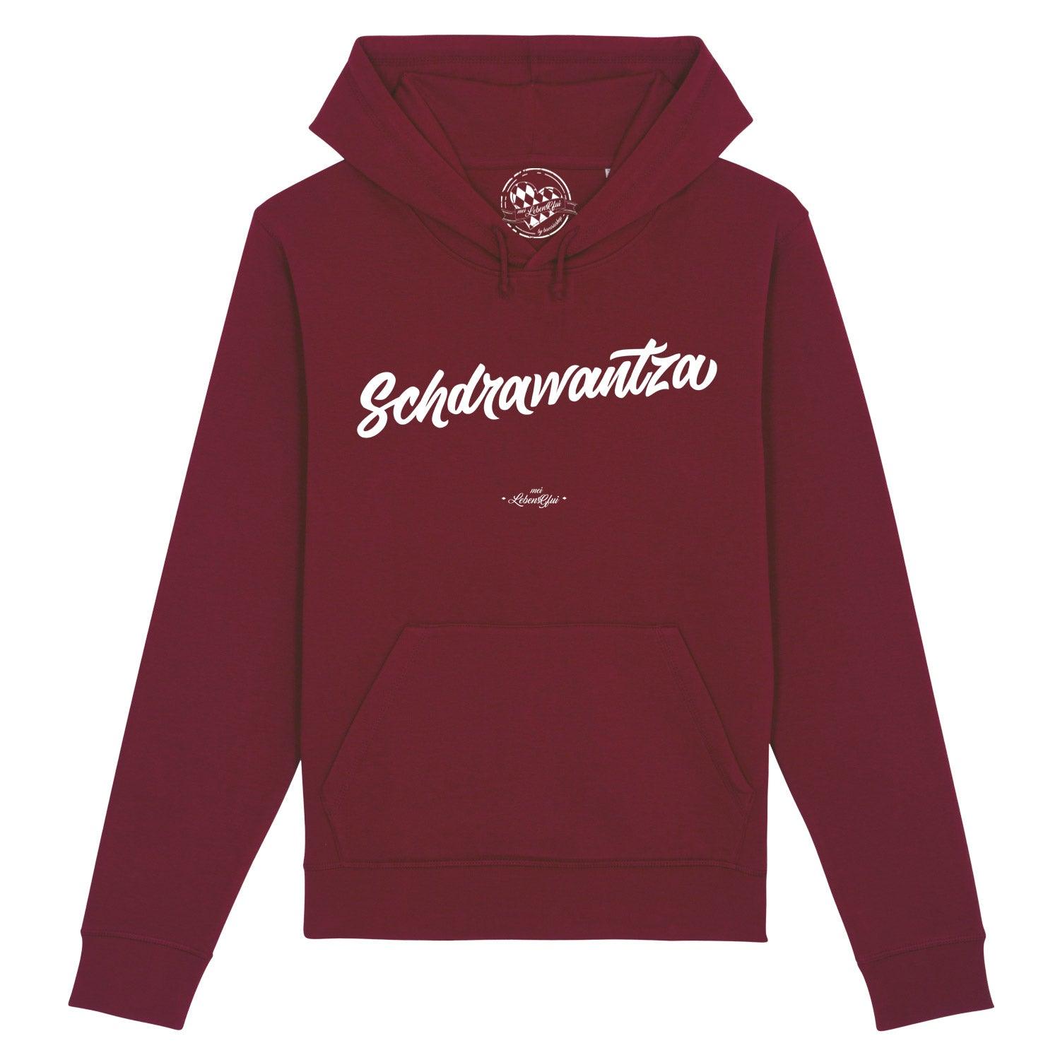 Dunkelblauer Herren-Hoodie mit weißem Frontprint „Schdrawantza“, Kapuze, Kängurutasche, Bio-Baumwollmix.