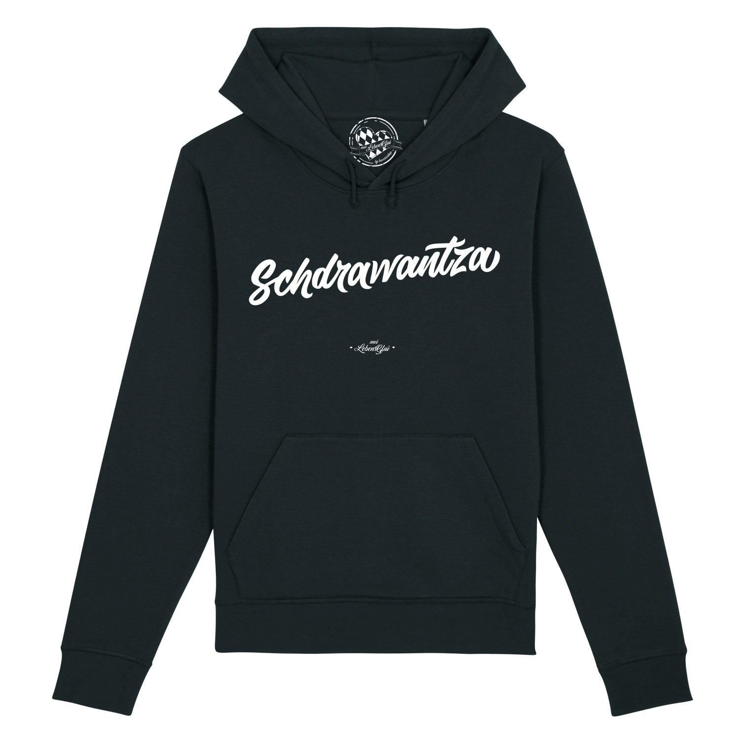 Grauer Herren-Hoodie mit Kapuze, Frontprint „Schdrawantza“, Kängurutasche, aus Bio-Baumwolle und recyceltem Polyester.