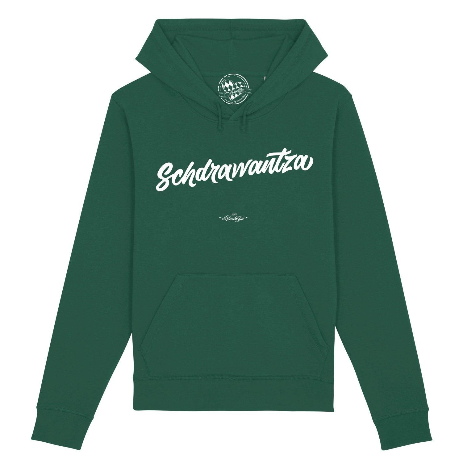Herren Hoodie in Dunkelgrau mit Kapuze, Frontprint "Schdrawantza" in Weiß, aus Bio-Baumwolle und Recycling-Polyester.