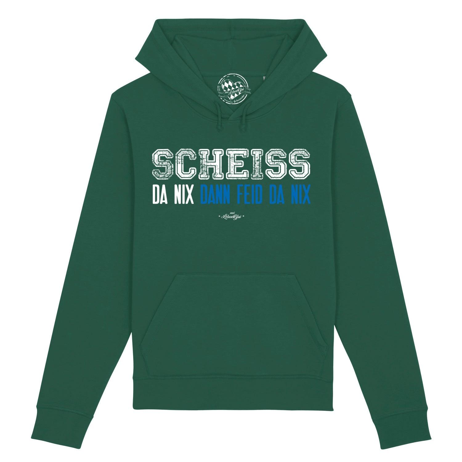 Dunkelblauer Herren-Hoodie mit weißem Frontprint „Scheiß da nix“, Kapuze, Kängurutasche, Bio-Baumwollmix.