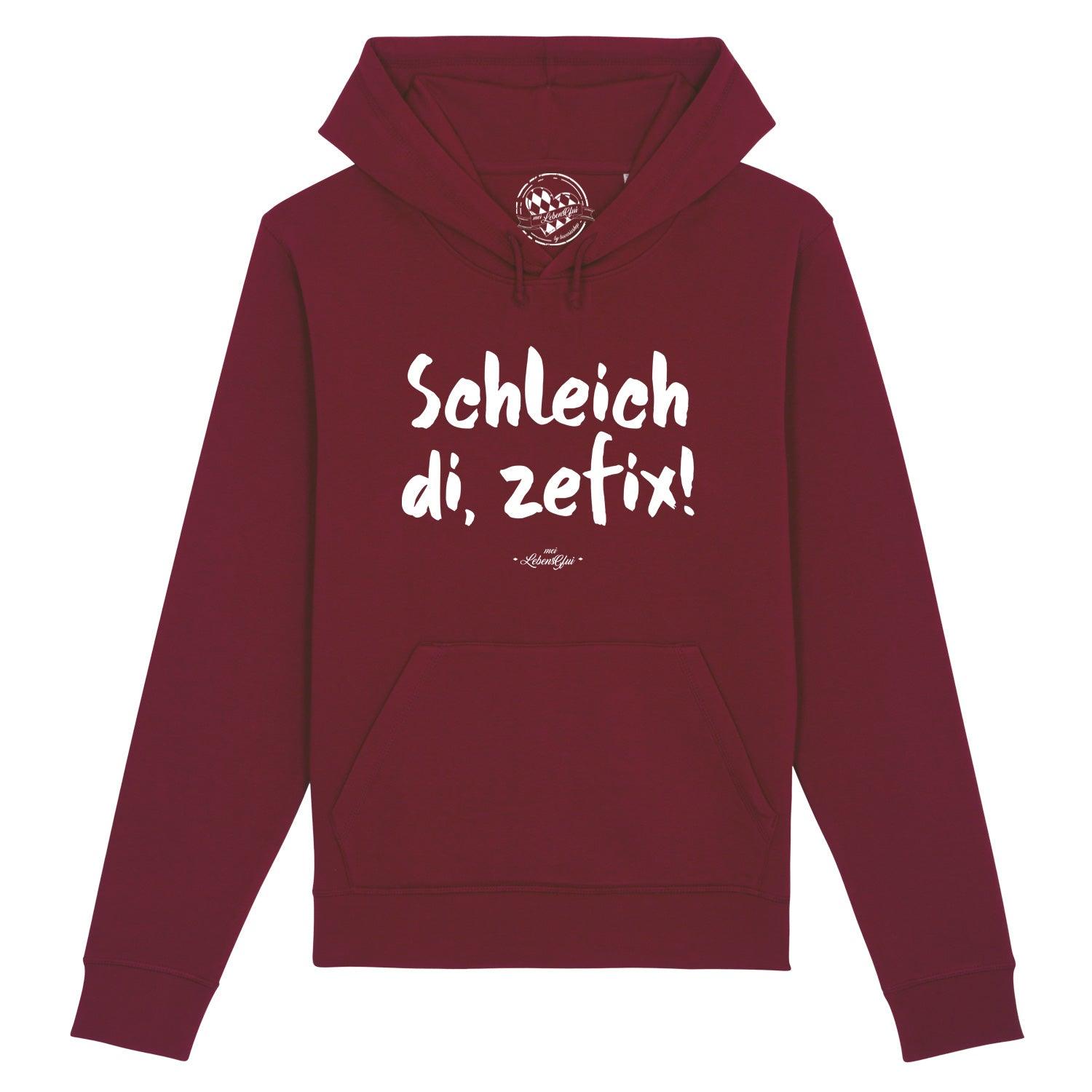 Dunkelgrauer Herren-Hoodie mit Kapuze, Frontprint „Schleich di zefix!“, Kängurutasche, Bio-Baumwollmix, locker geschnitten.