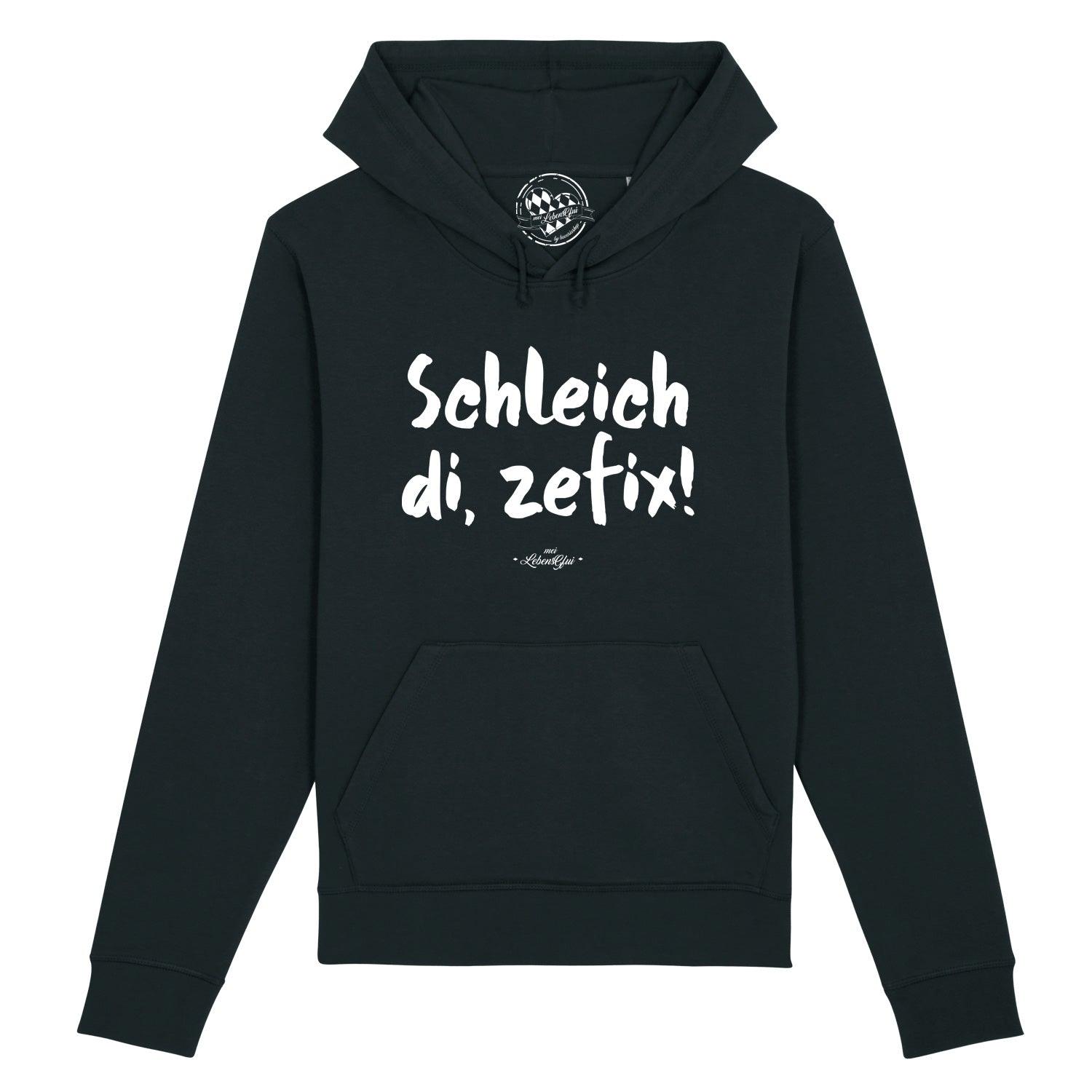 Dunkelgrauer Herren-Hoodie mit weißem Frontprint „Schleich di zefix!“, Kapuze, Kängurutasche, Baumwollmix.