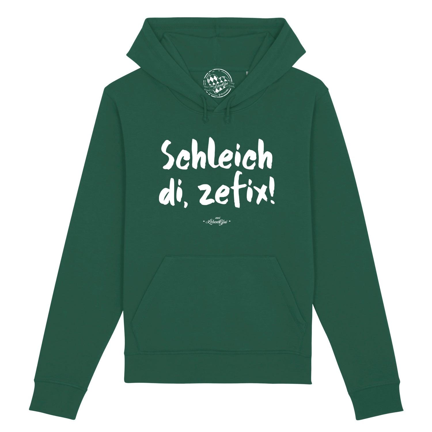 Dunkelgrauer Herren Hoodie mit Kapuze und weißem Schriftzug „Schleich di zefix!”, aus Bio-Baumwollmix.