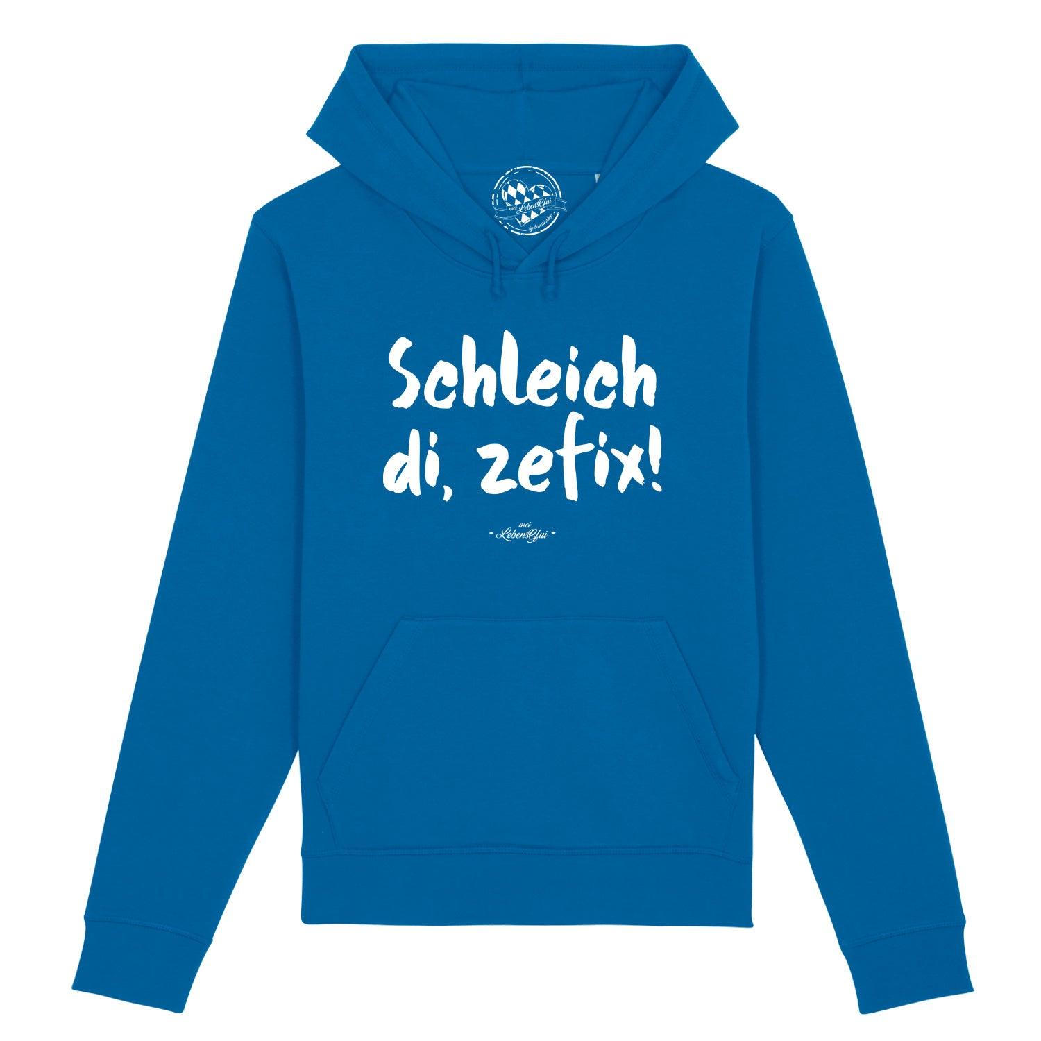 Grauer Herren-Hoodie mit weißem Front-Schriftzug „Schleich di zefix!“, Kapuze, Kängurutasche, Bio-Baumwollmix.
