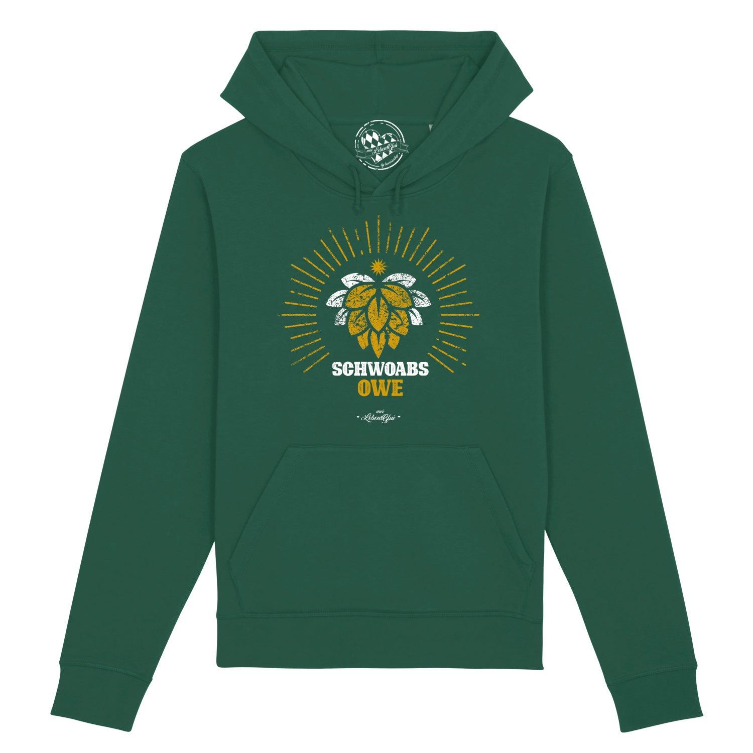 Grauer Herren-Hoodie mit Kapuze, Frontprint „Schwoabs owe“, Kängurutasche, aus Bio-Baumwolle und Recycling-Polyester.