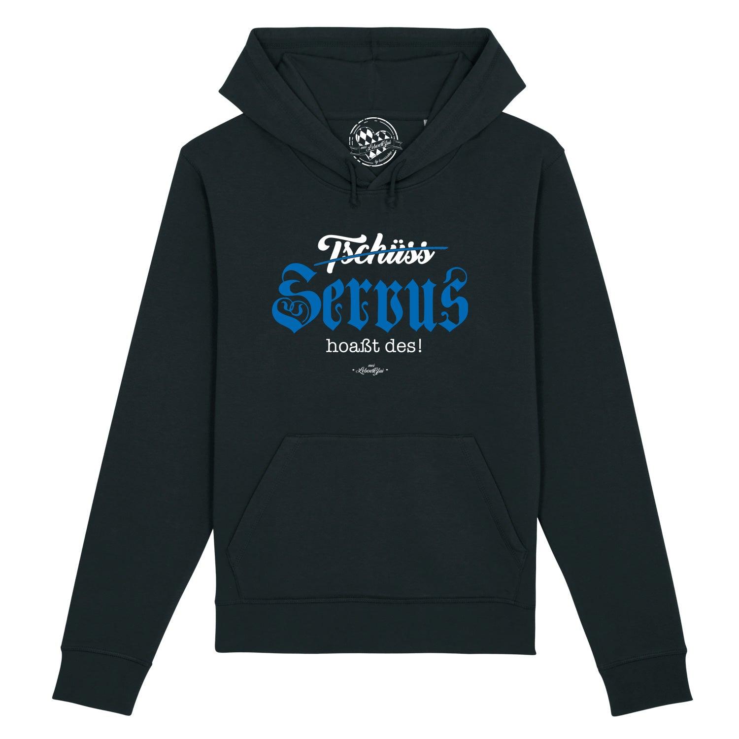 Dunkelblauer Herren-Hoodie mit Kapuze, Frontprint „Servus hoaßt des!“, weißer Schrift, aus Bio-Baumwolle-Mix.