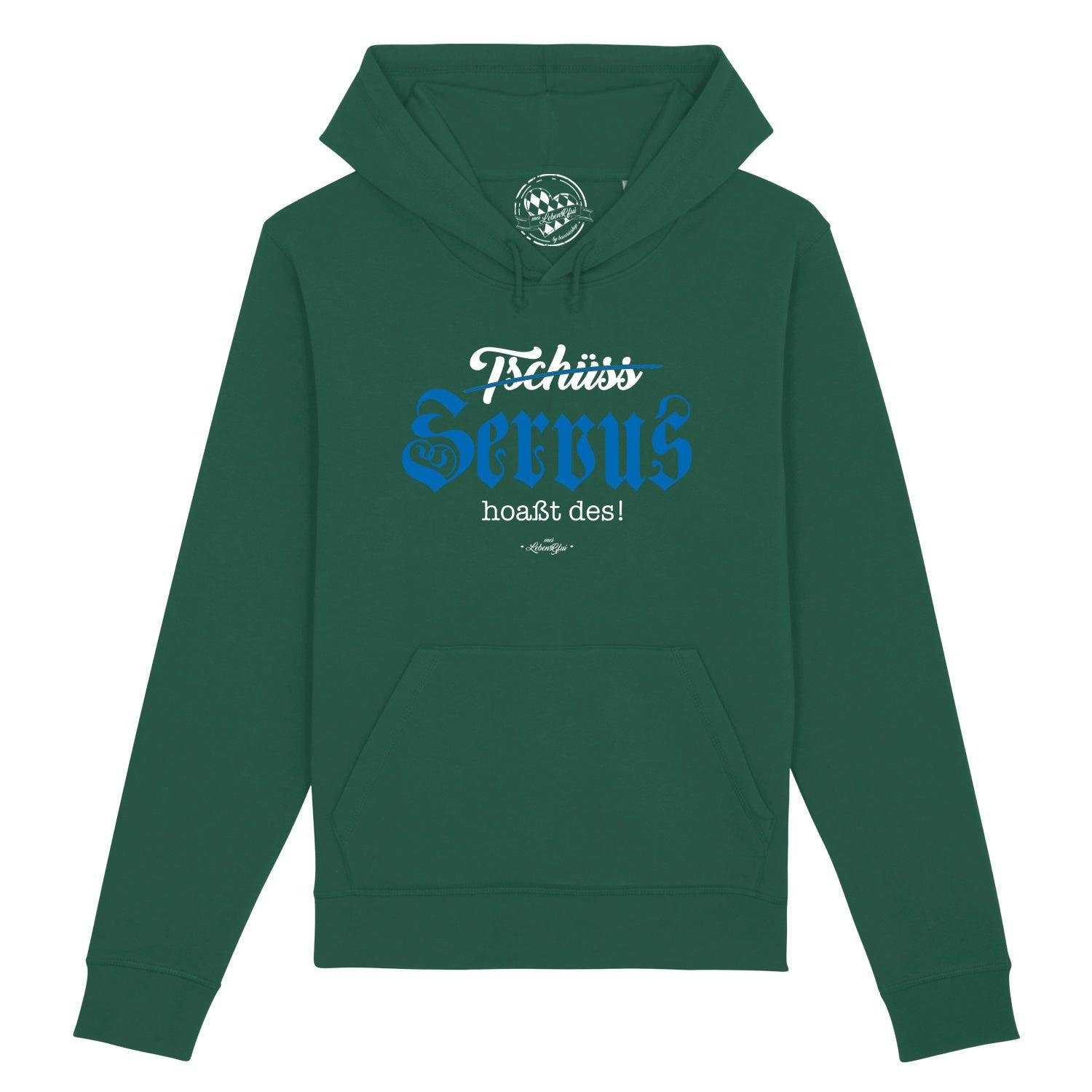 Dunkelblauer Herren-Hoodie mit weißem Frontprint „Servus hoaßt des!“, Kapuze, Kängurutasche, aus Bio-Baumwollmix.