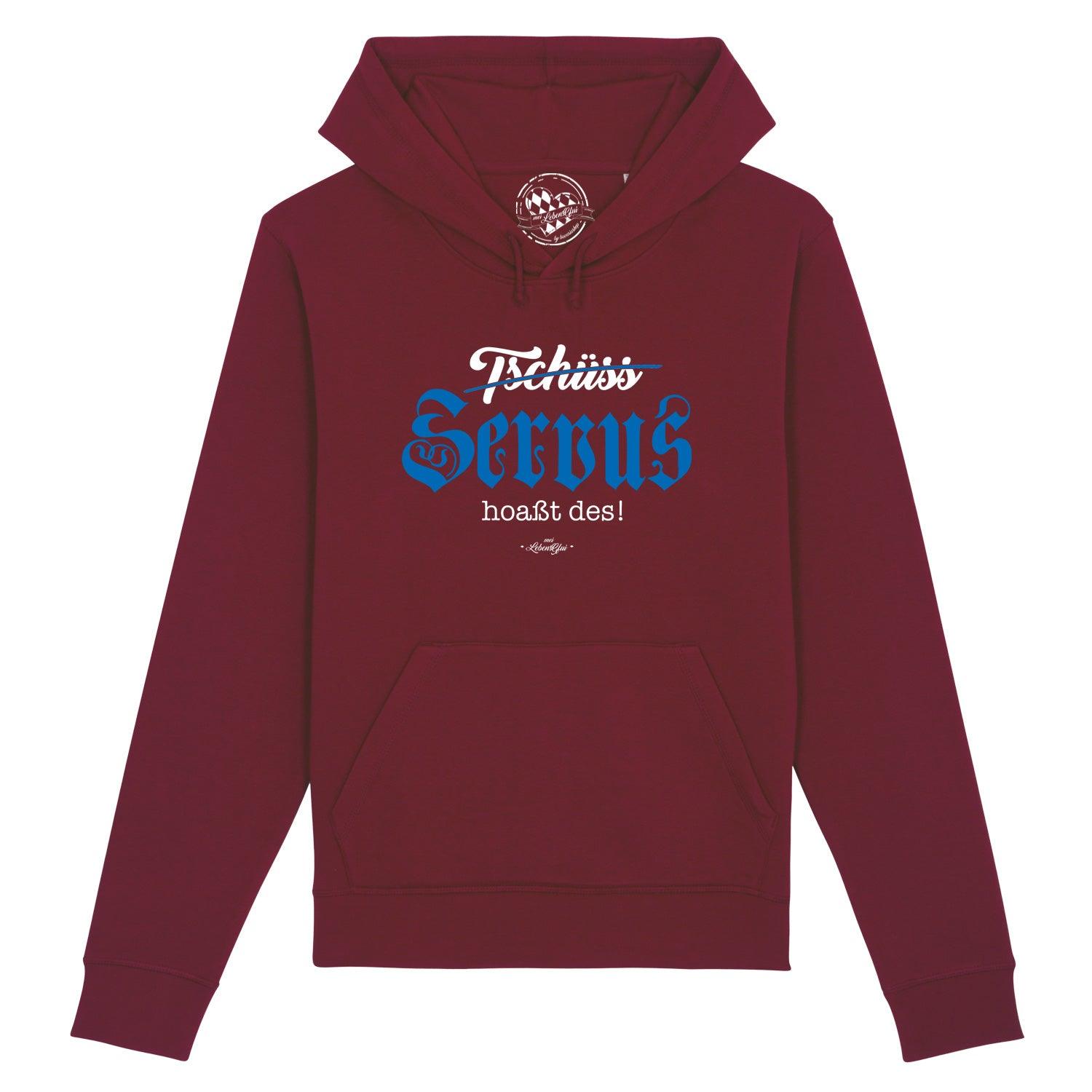 Dunkelblauer Herren-Hoodie mit weißem Frontprint „Servus hoaßt des!“, Kapuze, Kängurutasche, Bio-Baumwollmix.